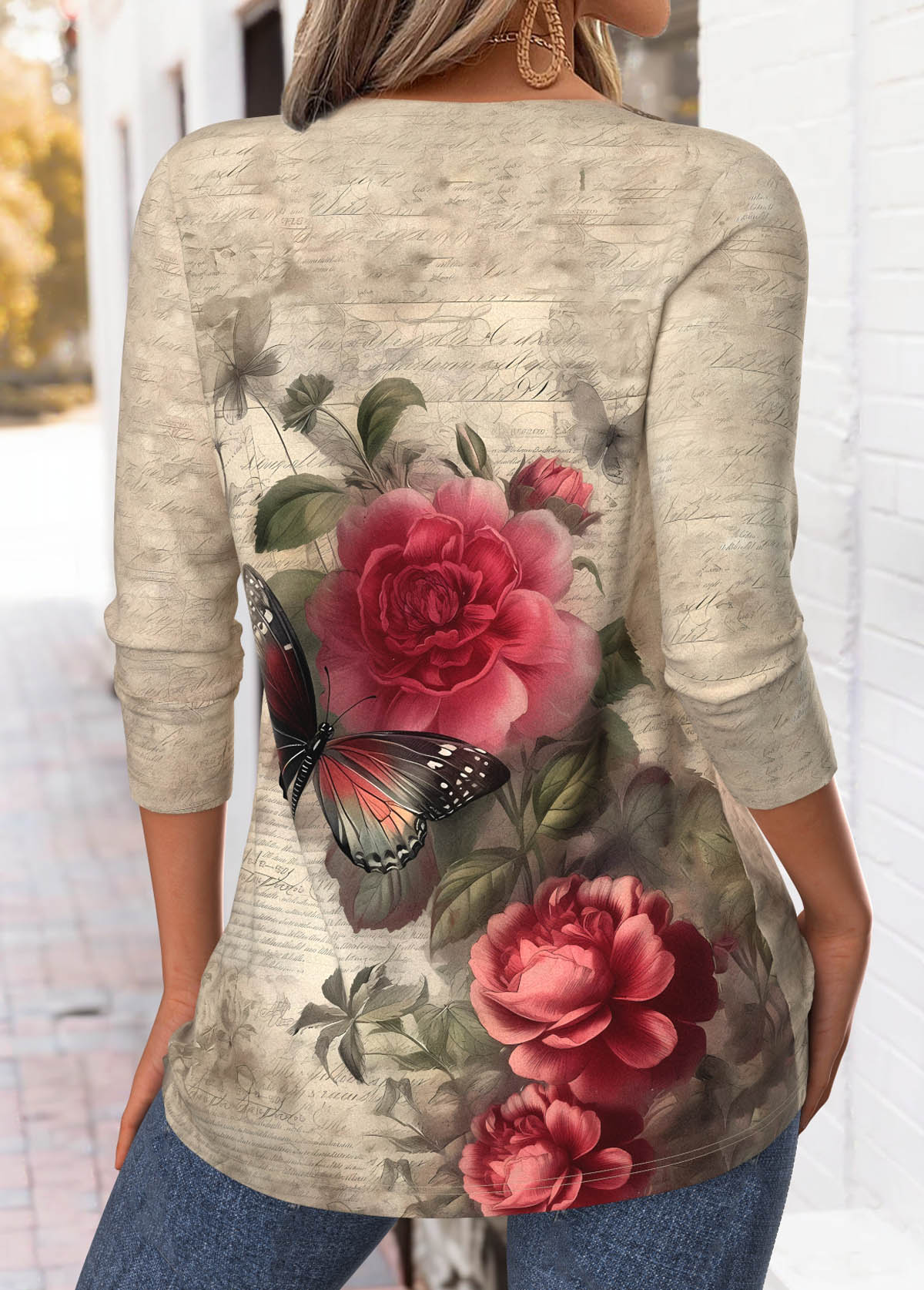 Light Camel Tummy Coverage Floral Print T Shirt | picture 