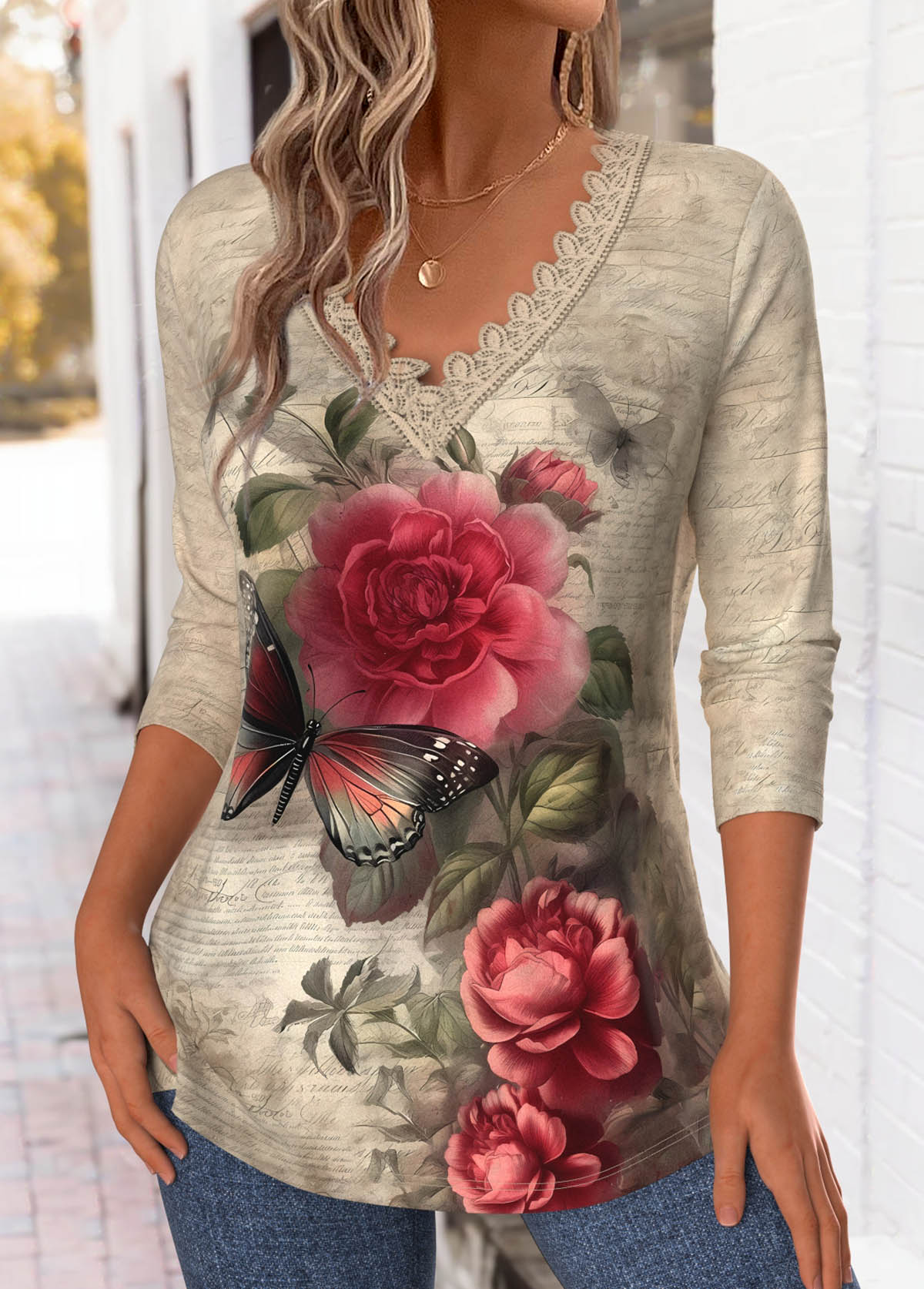 Light Camel Tummy Coverage Floral Print T Shirt | picture 