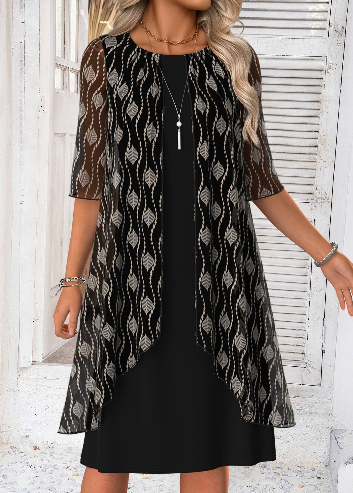 Black Tummy Coverage Geometric Print Half Sleeve Dress | picture 