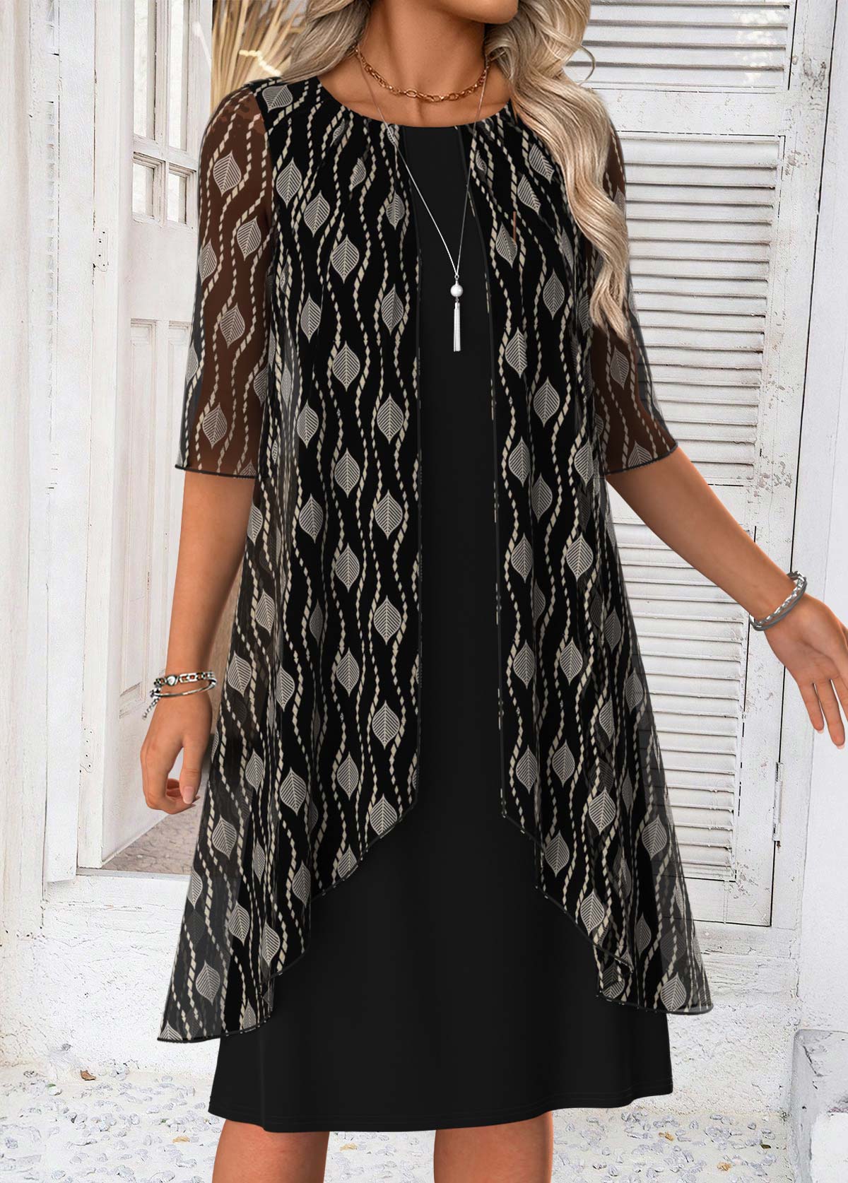 Black Tummy Coverage Geometric Print Half Sleeve Dress | picture 