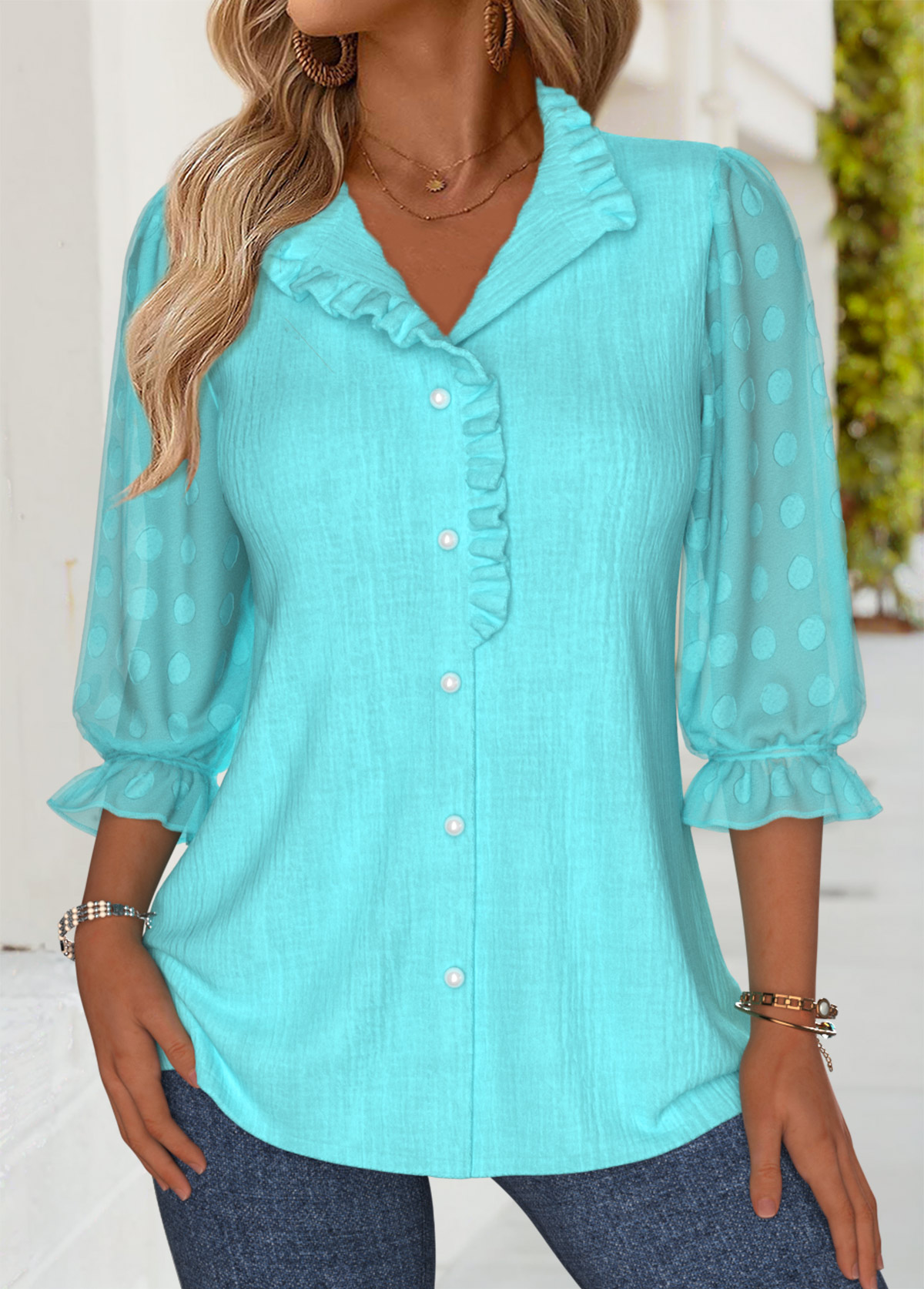 Cyan Frill 3/4 Sleeve Stand Collar Blouse | picture 