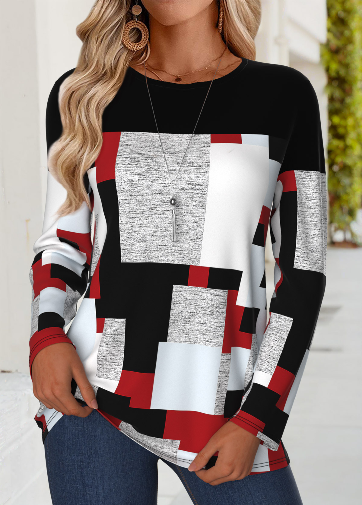 Multi Color Tummy Coverage Geometric Print T Shirt | picture 