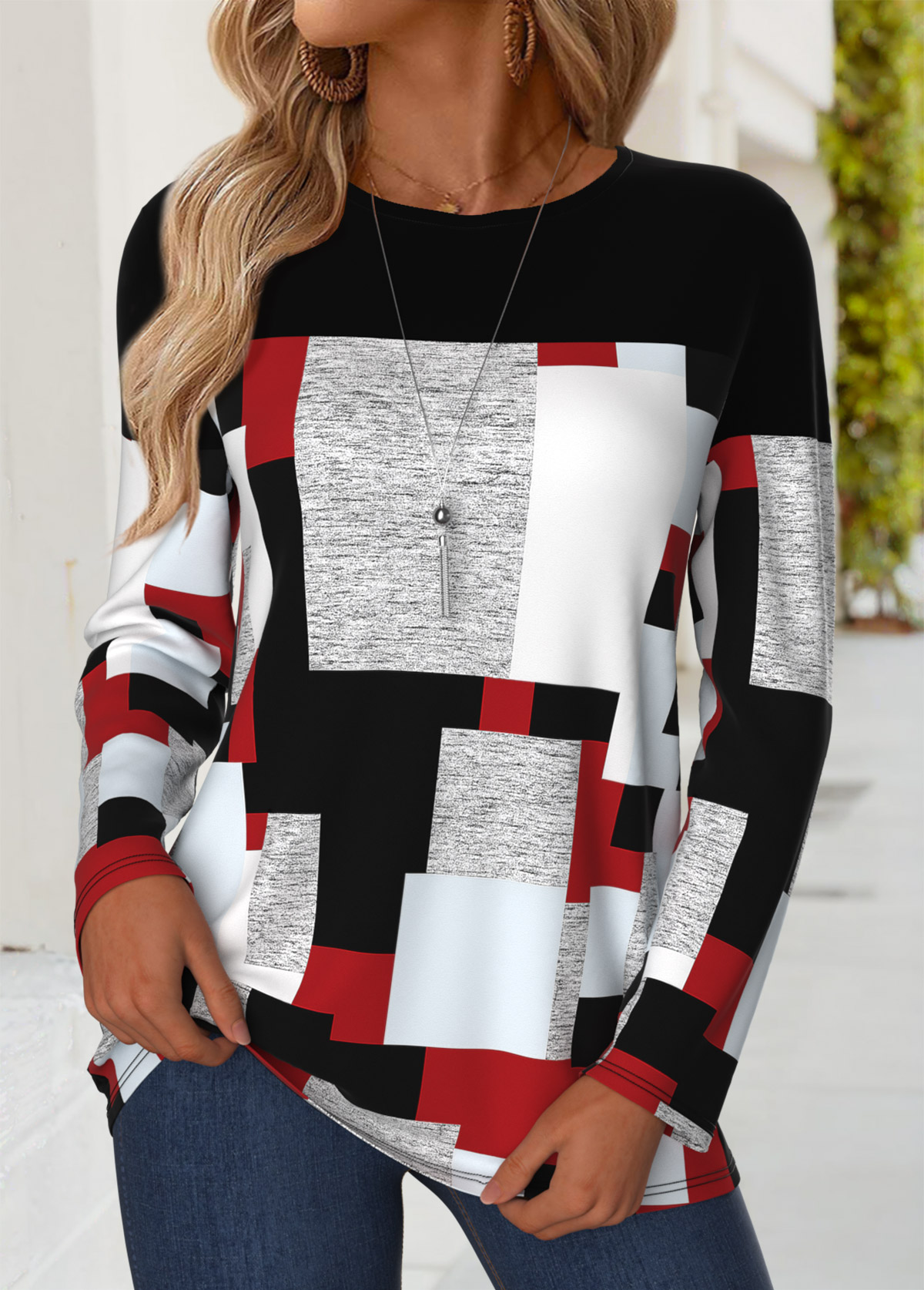 Multi Color Tummy Coverage Geometric Print T Shirt | picture 