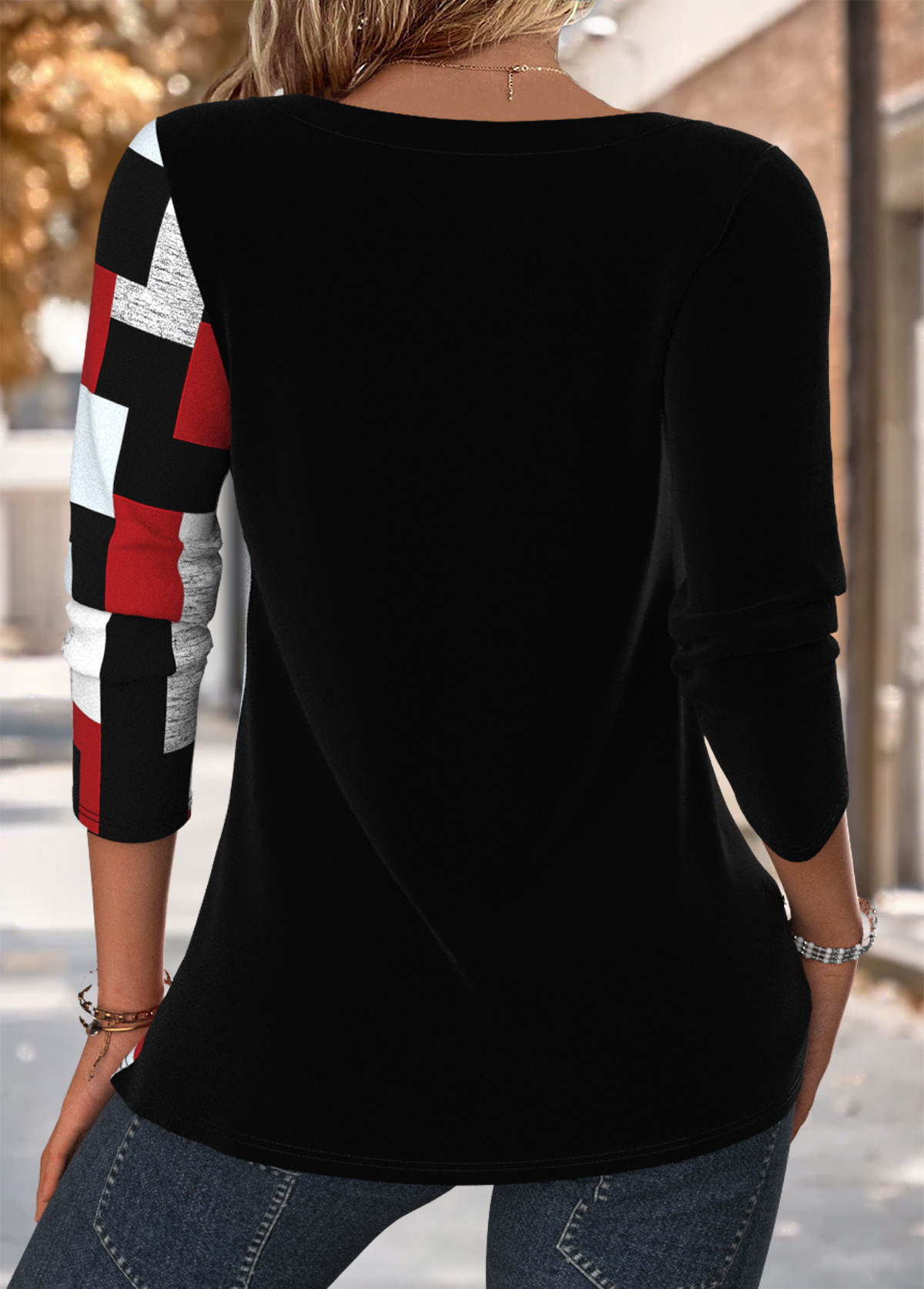 Black Patchwork Geometric Print Long Sleeve T Shirt | picture 