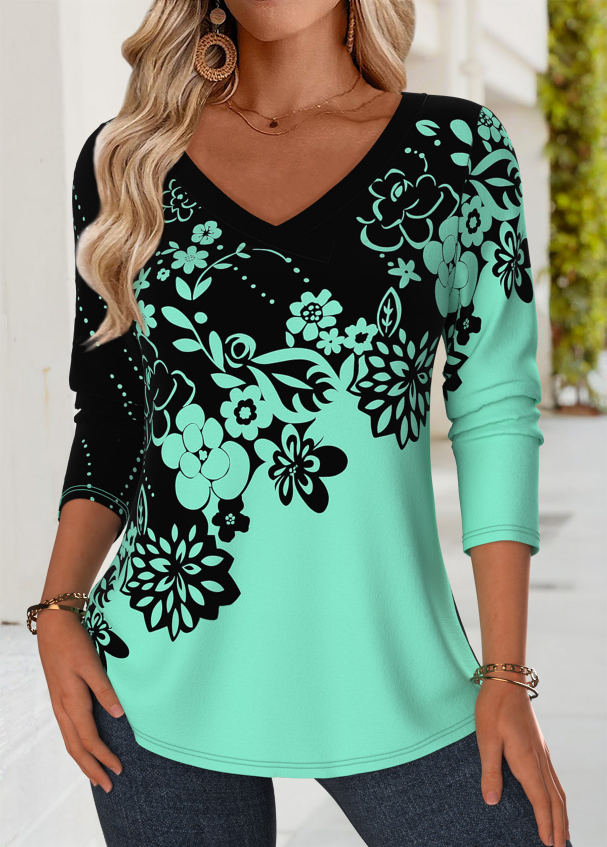 Mint Green Floral Print Long Sleeve T Shirt | picture 