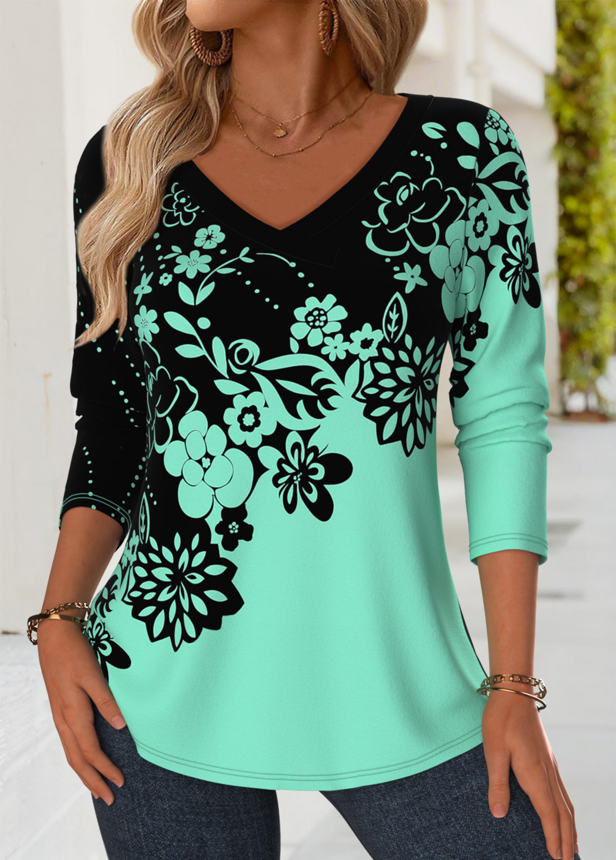 Mint Green Floral Print Long Sleeve T Shirt | picture 