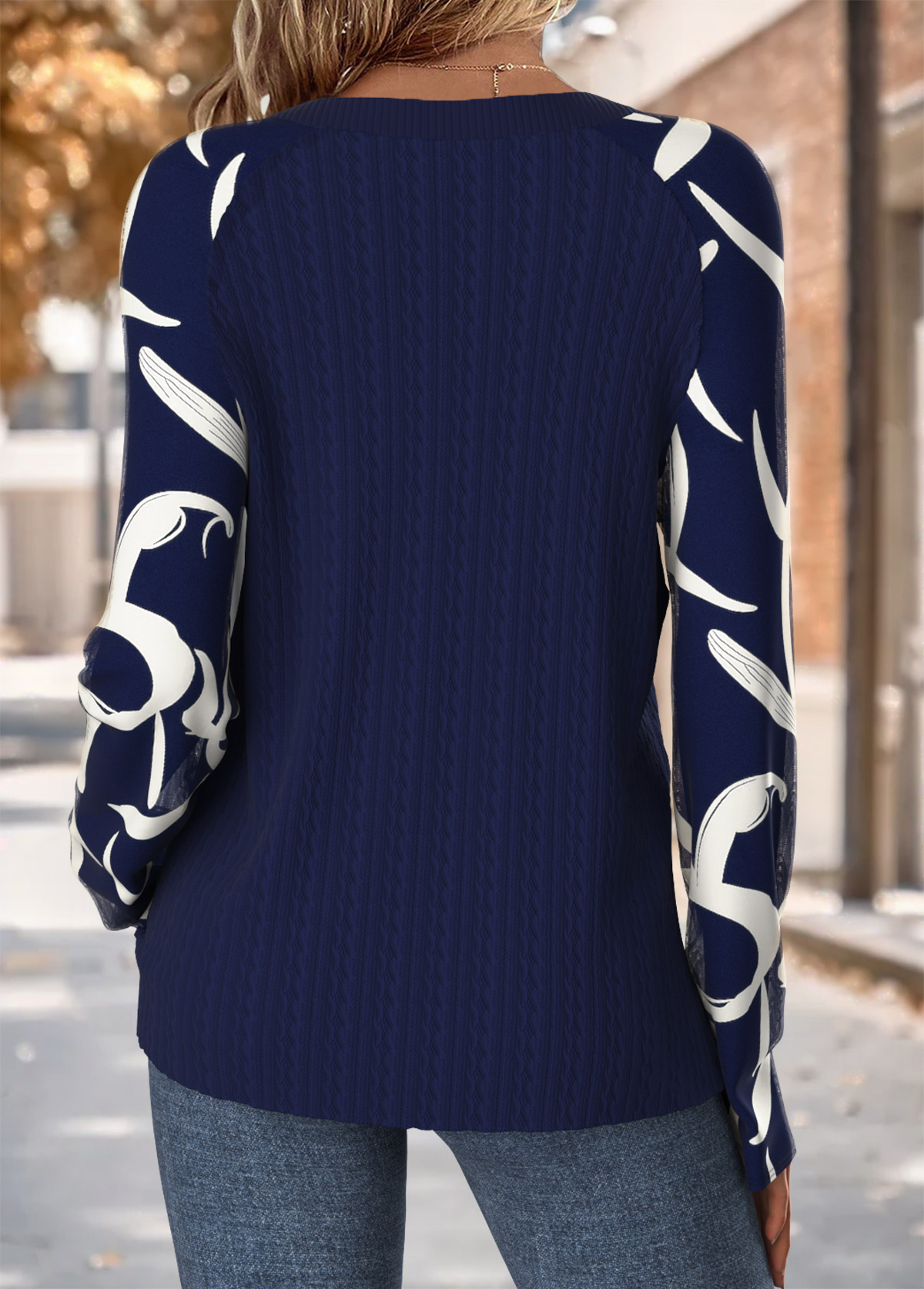 Navy Tummy Coverage Geometric Print Long Sleeve T Shirt | picture 