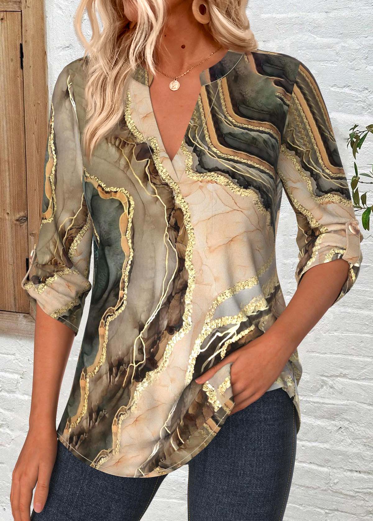 Dark Camel Curved Hem Marble Print 3/4 Sleeve Shirt | picture 