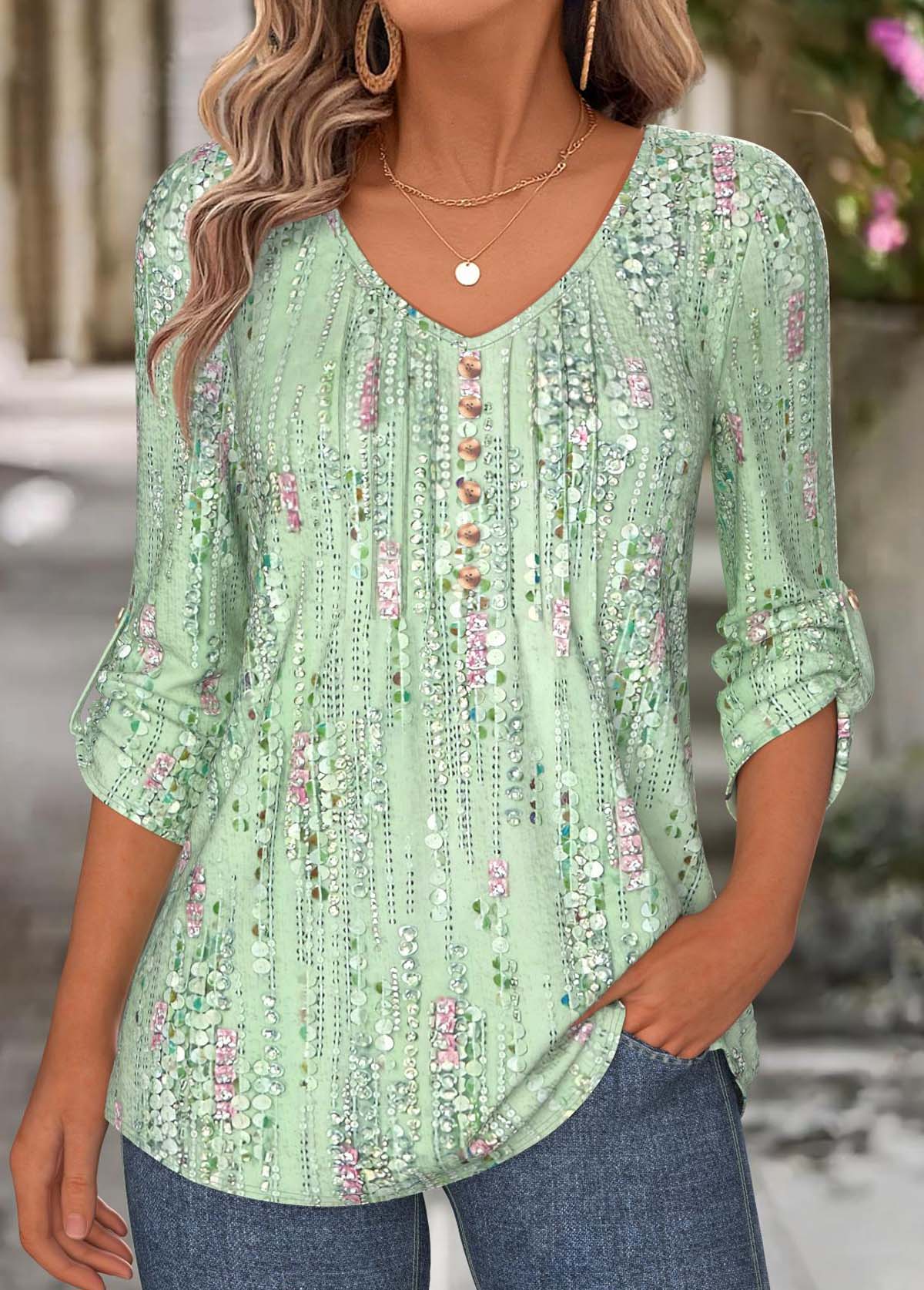 Light Green Tummy Coverage Long Sleeve V Neck Blouse | picture 