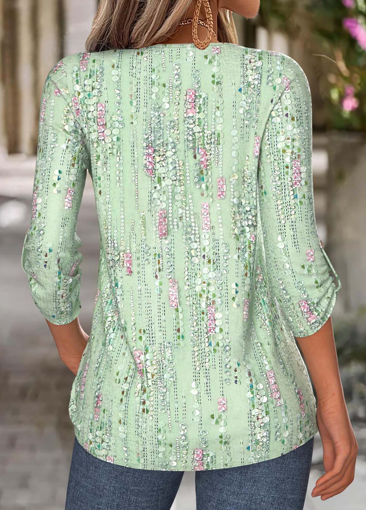 Light Green Tummy Coverage Long Sleeve V Neck Blouse | picture 