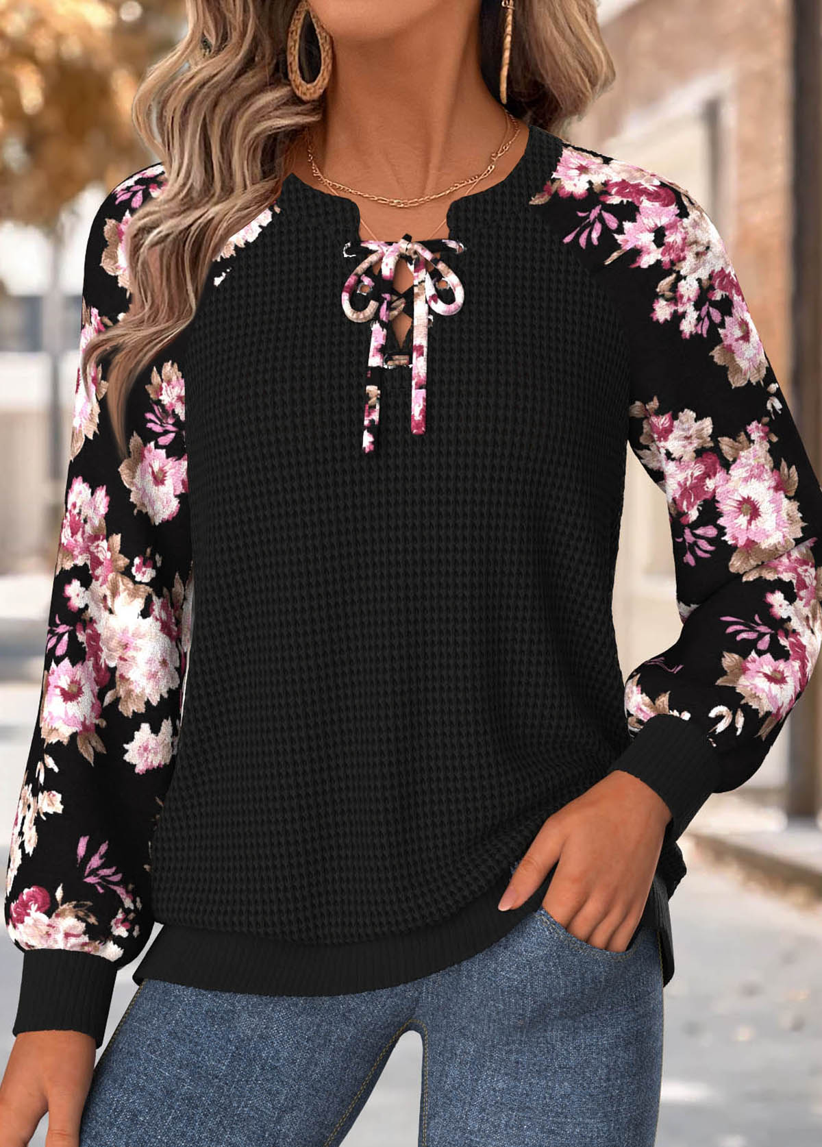 Light Pink Tummy Coverage Floral Print Long Sleeve Sweatshirt | picture 