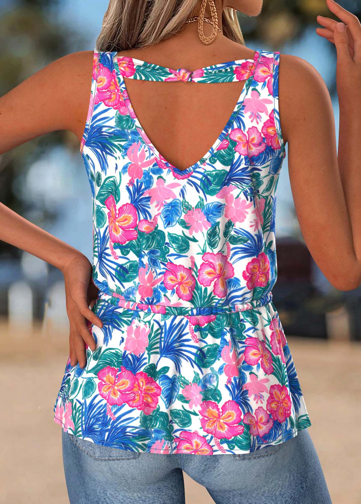 Hot Pink Peplum Tropical Plants Print Sleeveless Tank Top | picture 