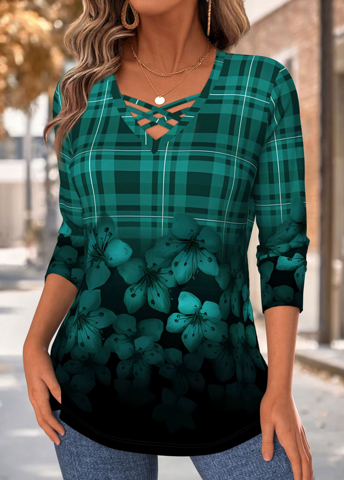 Green Tummy Coverage Plaid Long Sleeve T Shirt | picture 