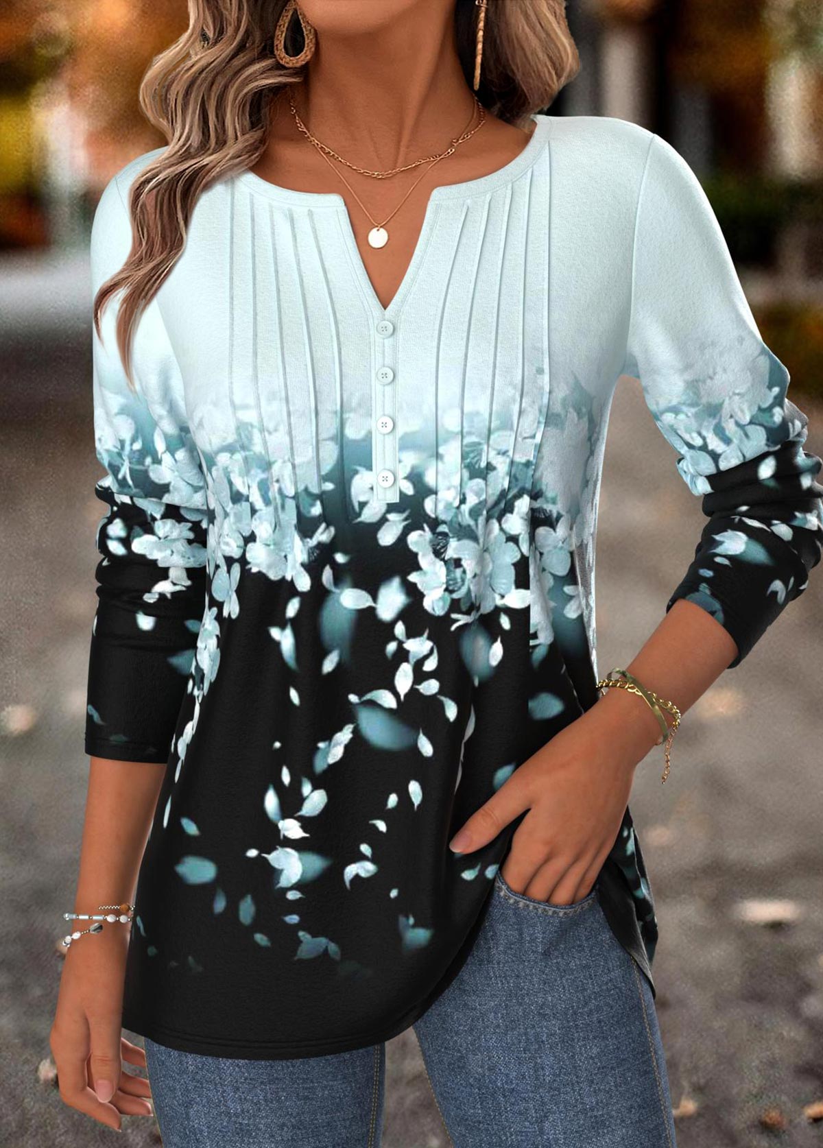 Light Blue Tummy Coverage Floral Print T Shirt | picture 