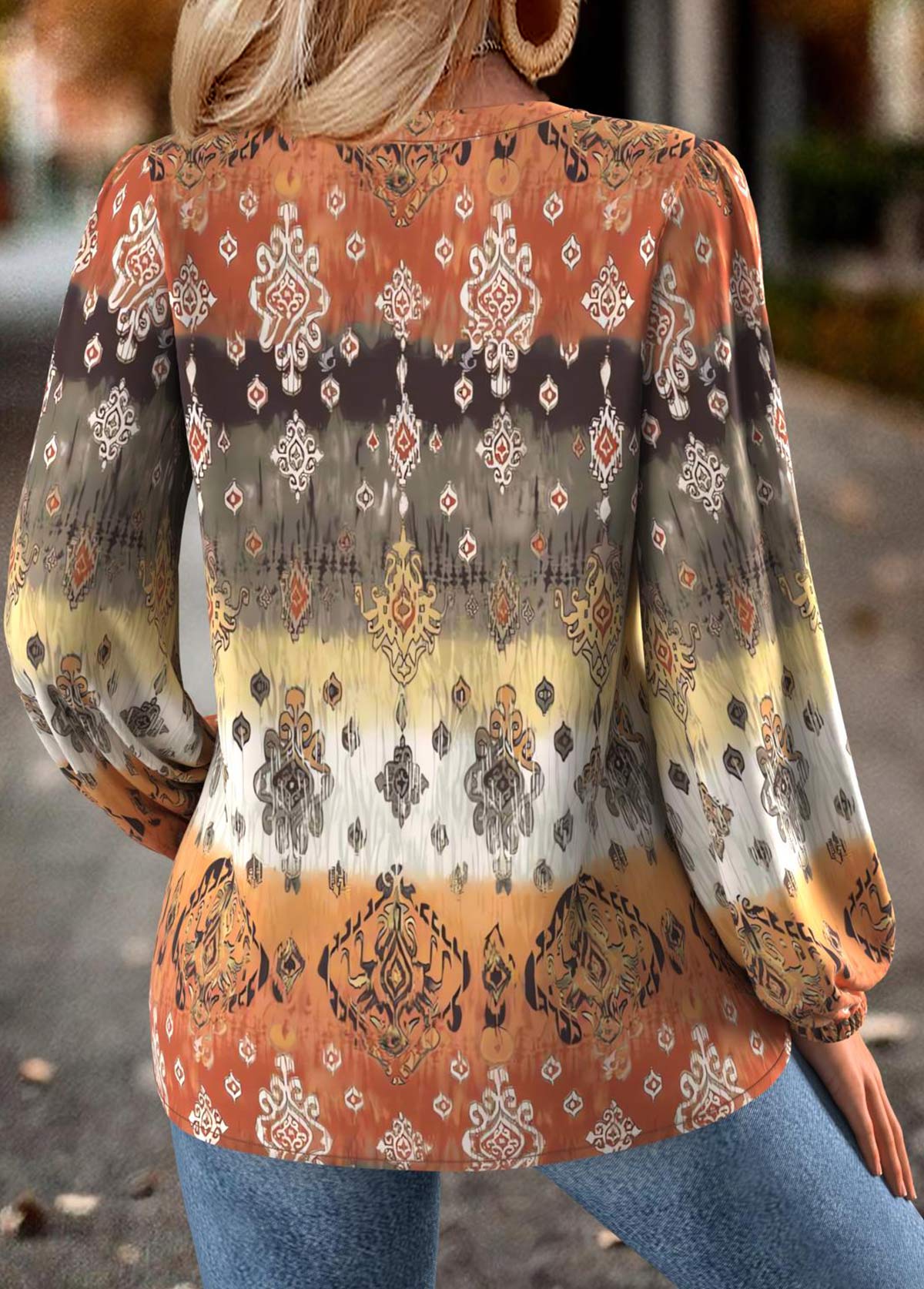 Multi Color Tummy Coverage Tribal Print Long Sleeve Blouse | picture 