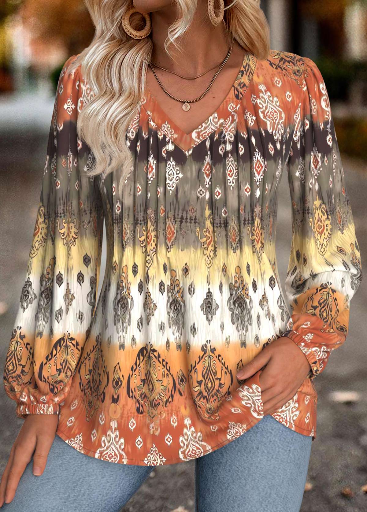 Multi Color Tummy Coverage Tribal Print Long Sleeve Blouse | picture 