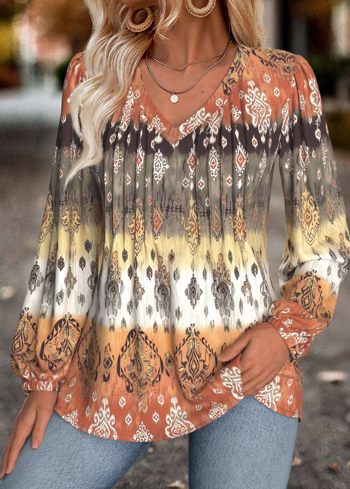 Multi Color Tummy Coverage Tribal Print Long Sleeve Blouse | picture 