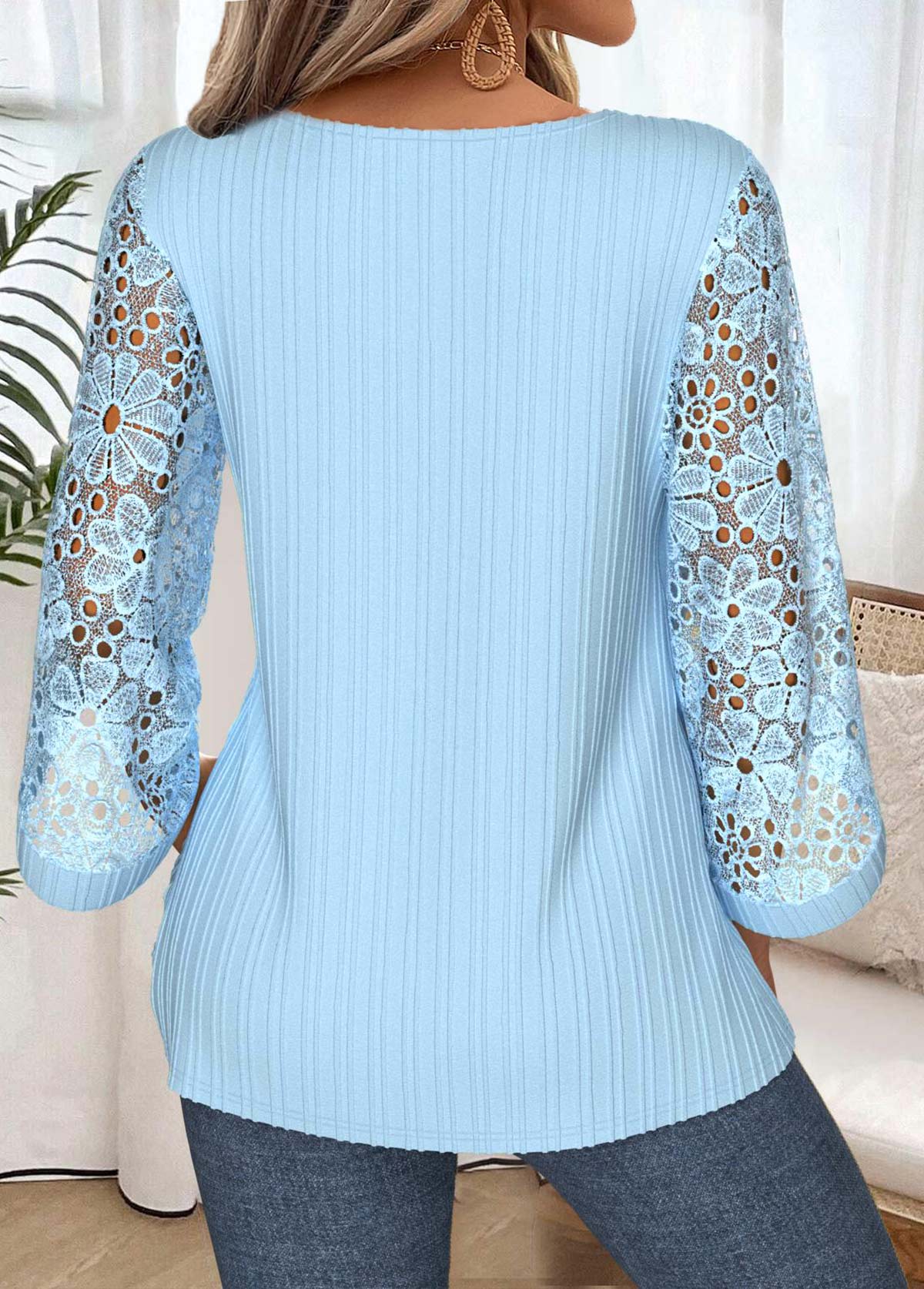 Light Blue Tummy Coverage 3/4 Sleeve Round Neck Blouse | picture 