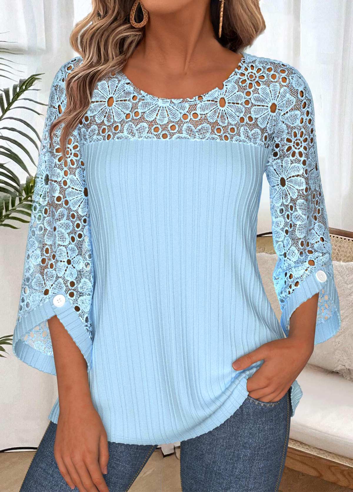 Light Blue Tummy Coverage 3/4 Sleeve Round Neck Blouse | picture 