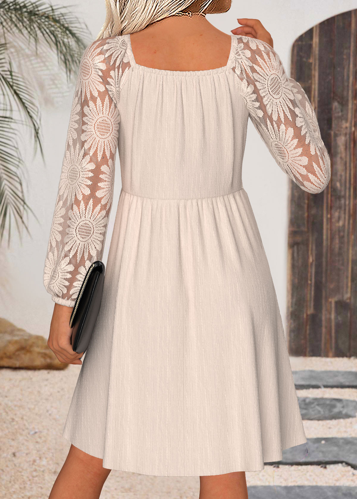 Beige Tummy Coverage Long Sleeve V Neck Dress | picture 