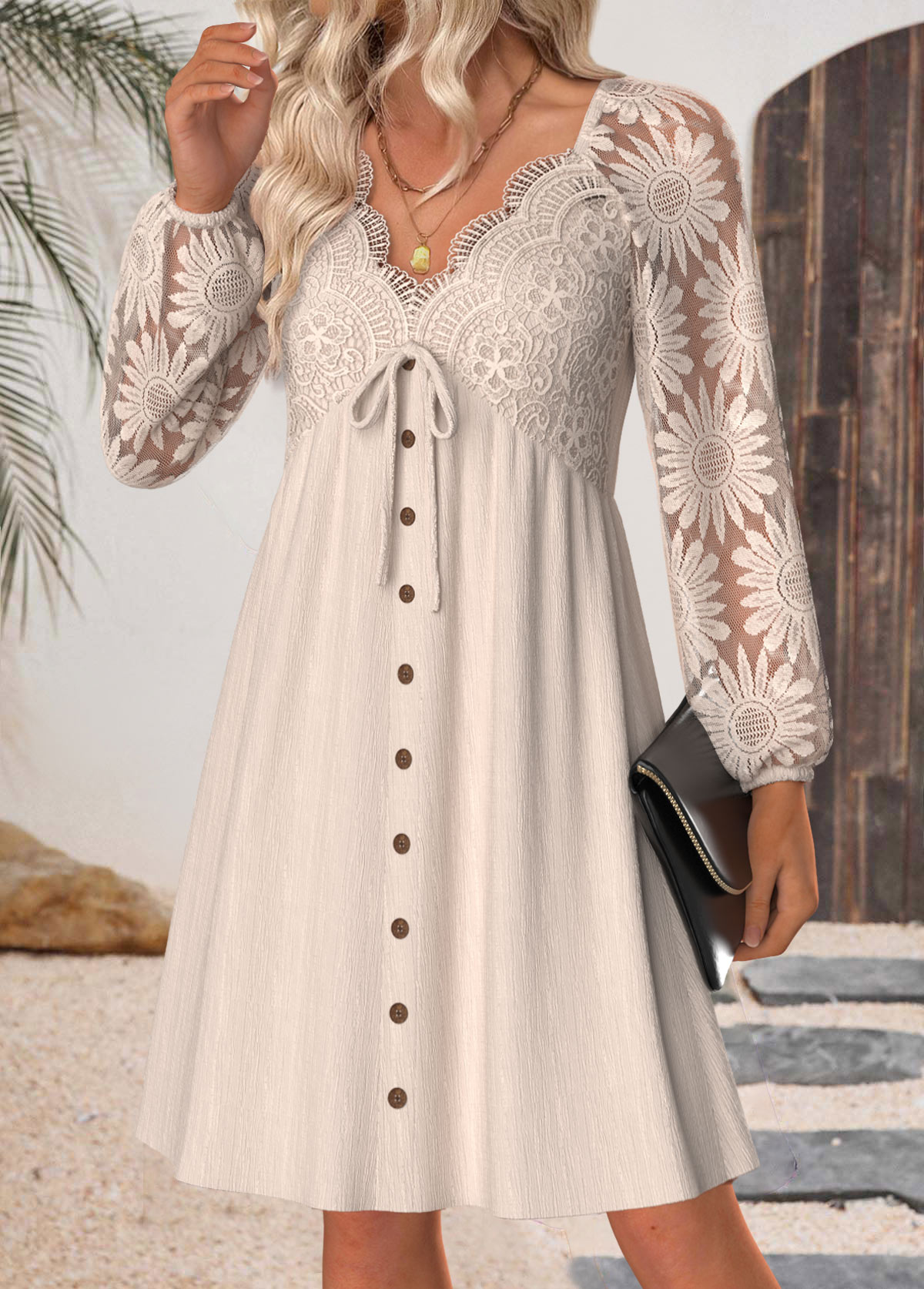 Beige Tummy Coverage Long Sleeve V Neck Dress | picture 