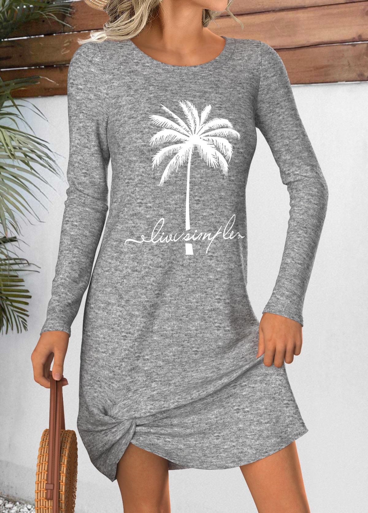 Light Grey Marl Tummy Coverage Tropical Plants Print Dress | picture 