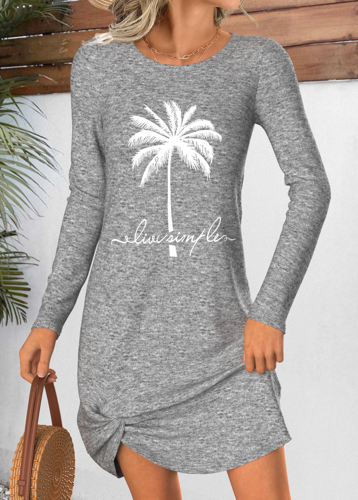 Light Grey Marl Tummy Coverage Tropical Plants Print Dress | picture 