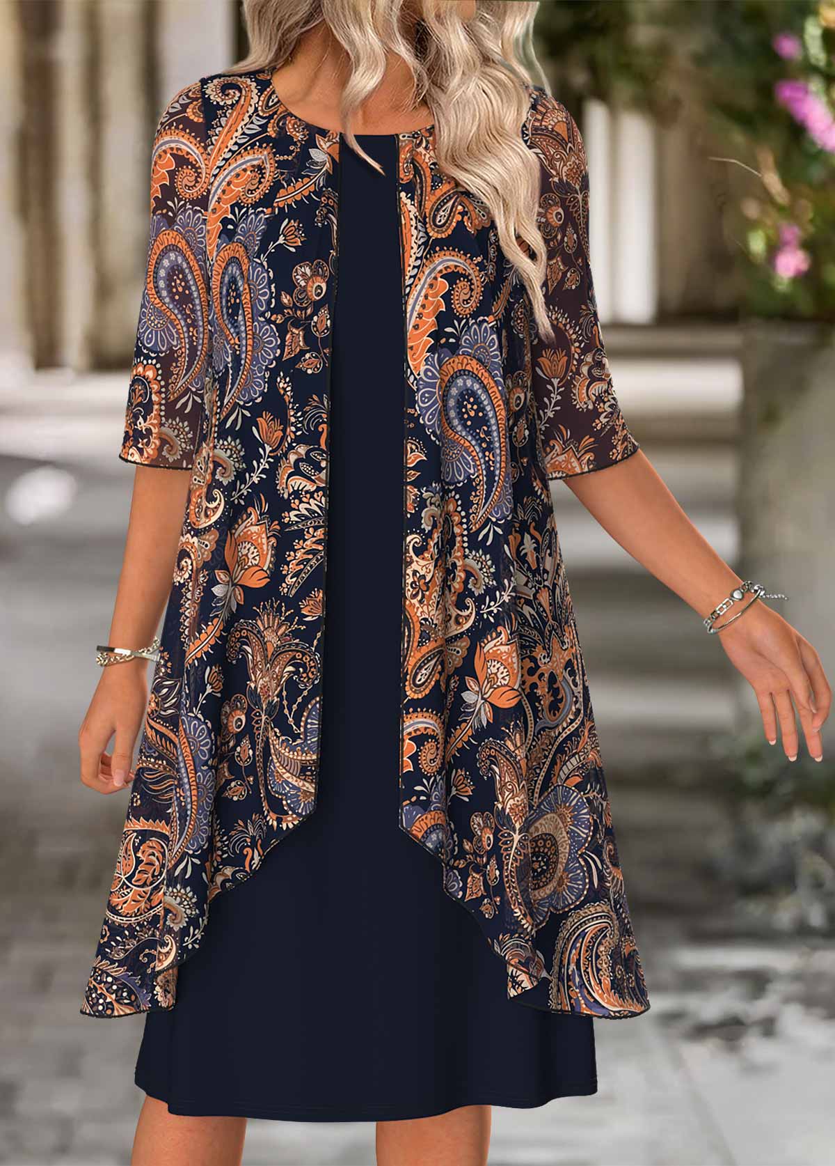 Navy Tummy Coverage Paisley Print 3/4 Sleeve Dress | picture 