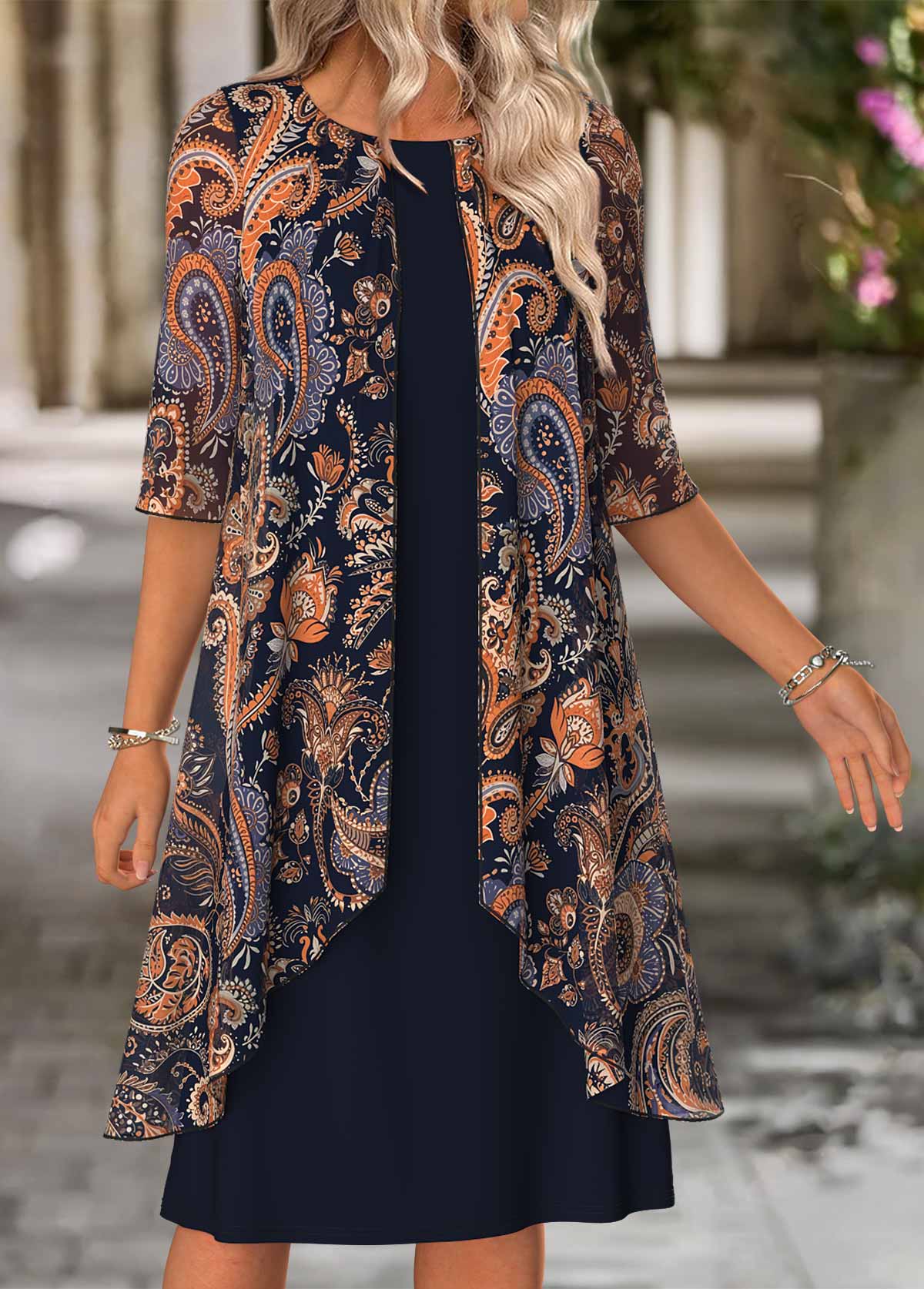 Navy Tummy Coverage Paisley Print 3/4 Sleeve Dress | picture 