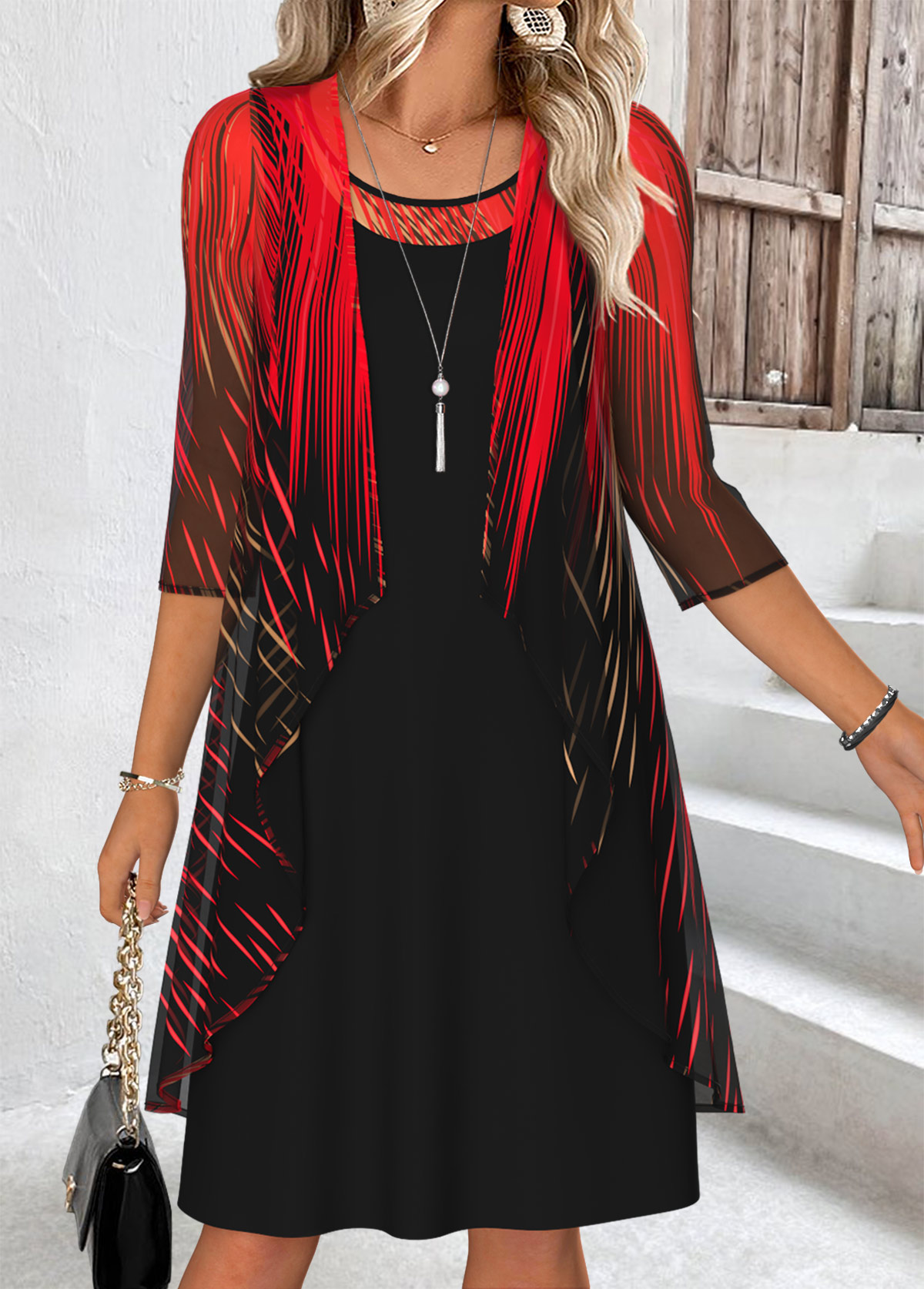 Black Tummy Coverage Ombre 3/4 Sleeve Dress and Cardigan | picture 