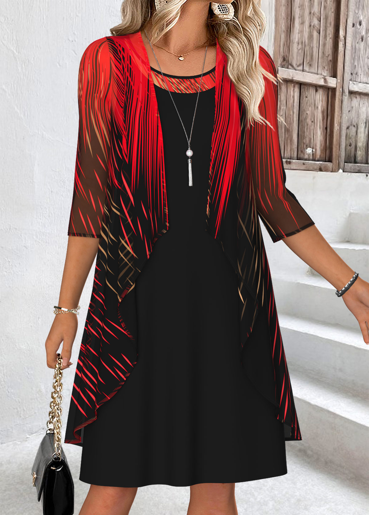 Black Tummy Coverage Ombre 3/4 Sleeve Dress and Cardigan | picture 