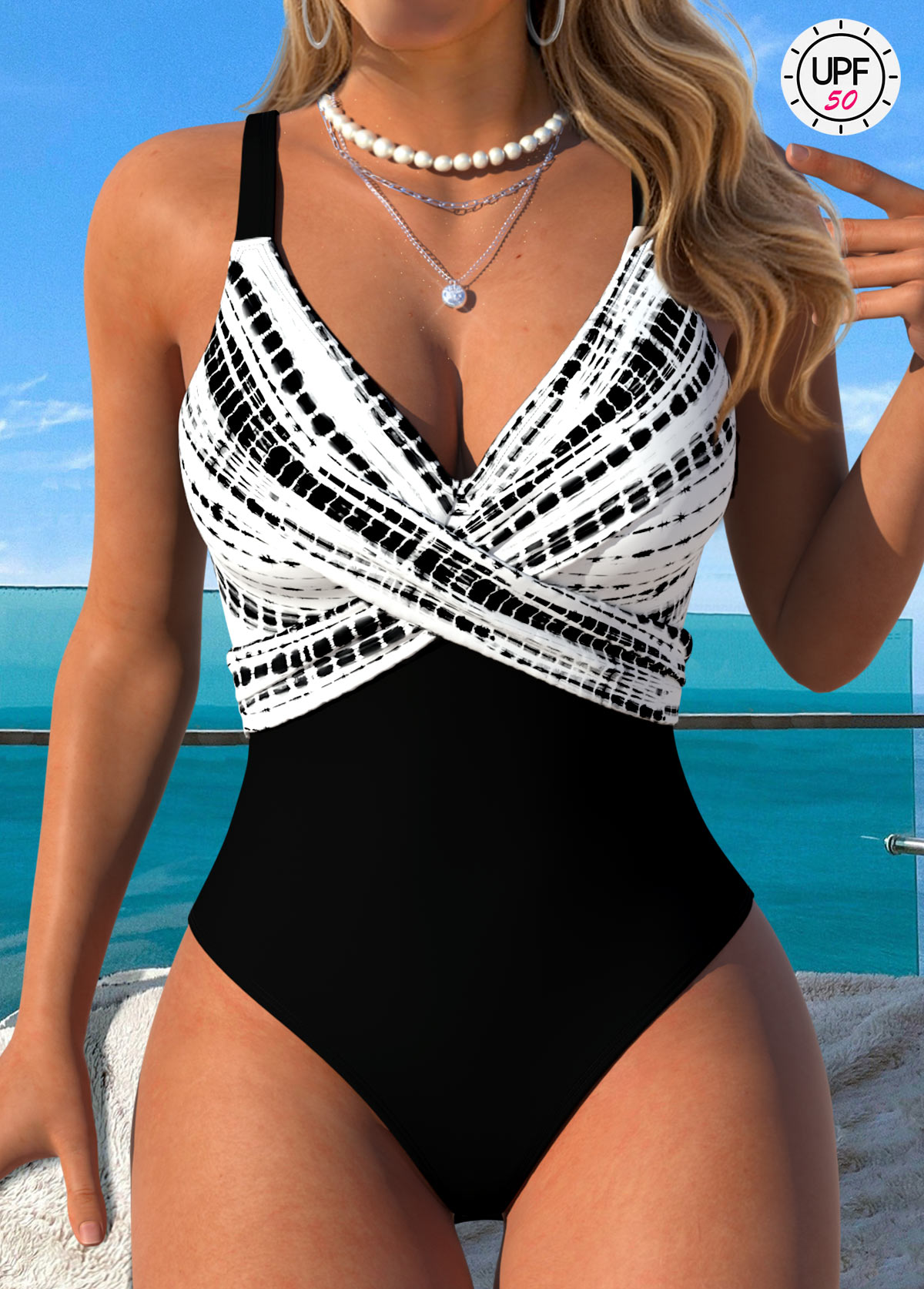 Tummy Coverage Tie Dye Print Black One Piece Swimwear | picture 