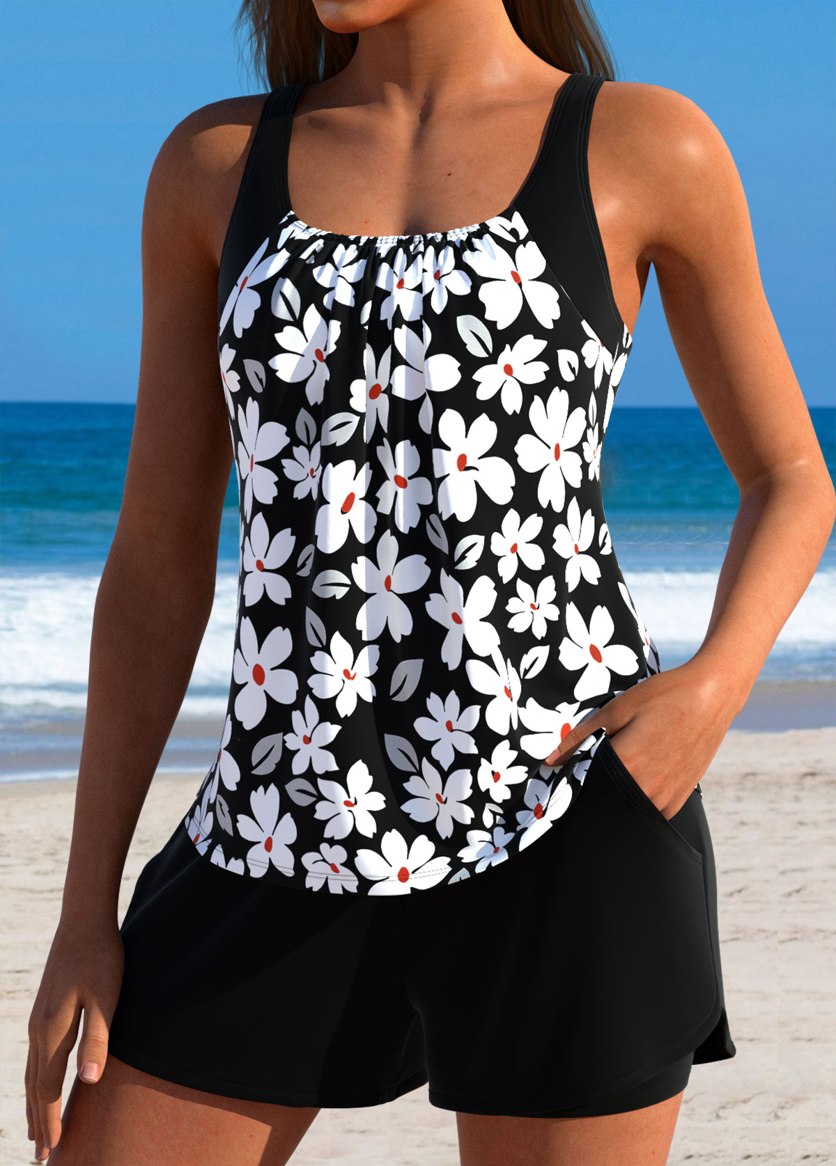 Tummy Coverage Mid Waisted Floral Print Black Tankini Set | picture 
