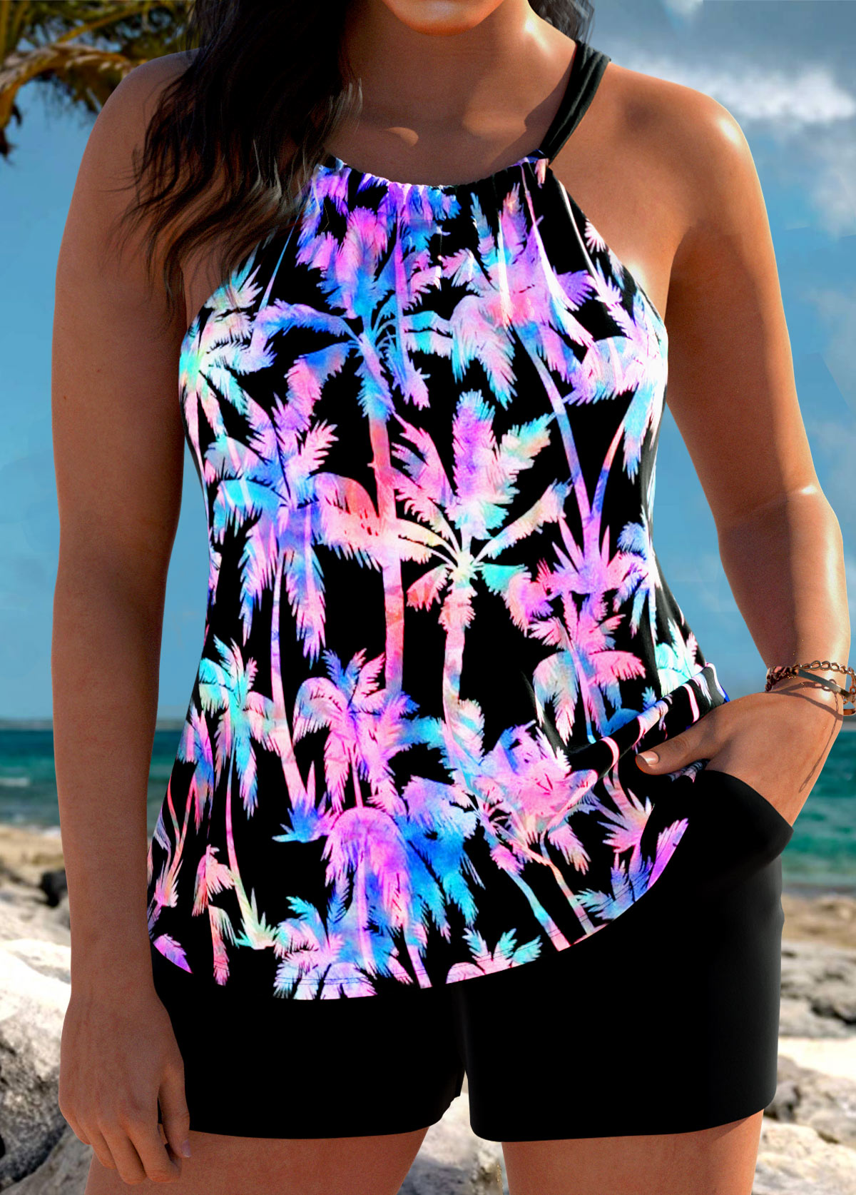 Tummy Coverage Mid Waisted Tropical Plants Print Tankini Set | picture 