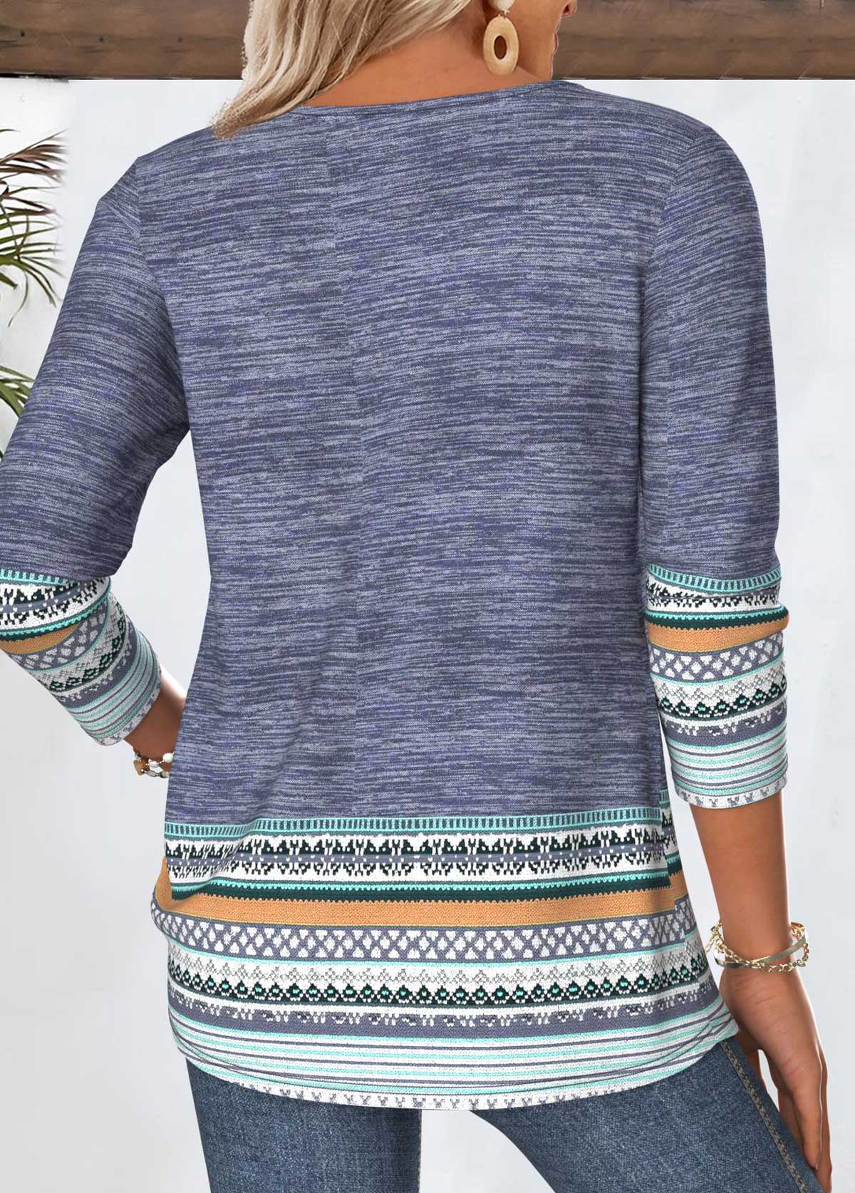 Dusty Blue Tummy Coverage Tribal Print T Shirt | picture 