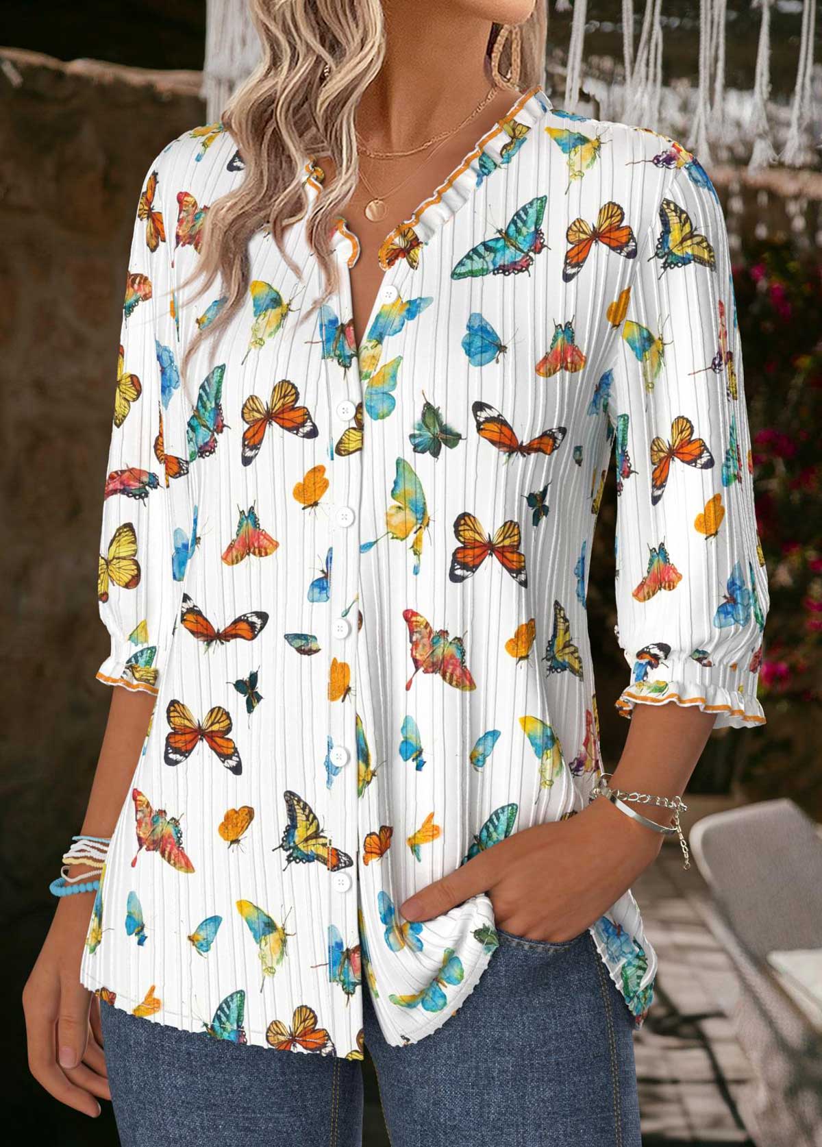 Multi Color Tummy Coverage Animal Print 3/4 Sleeve Blouse | picture 