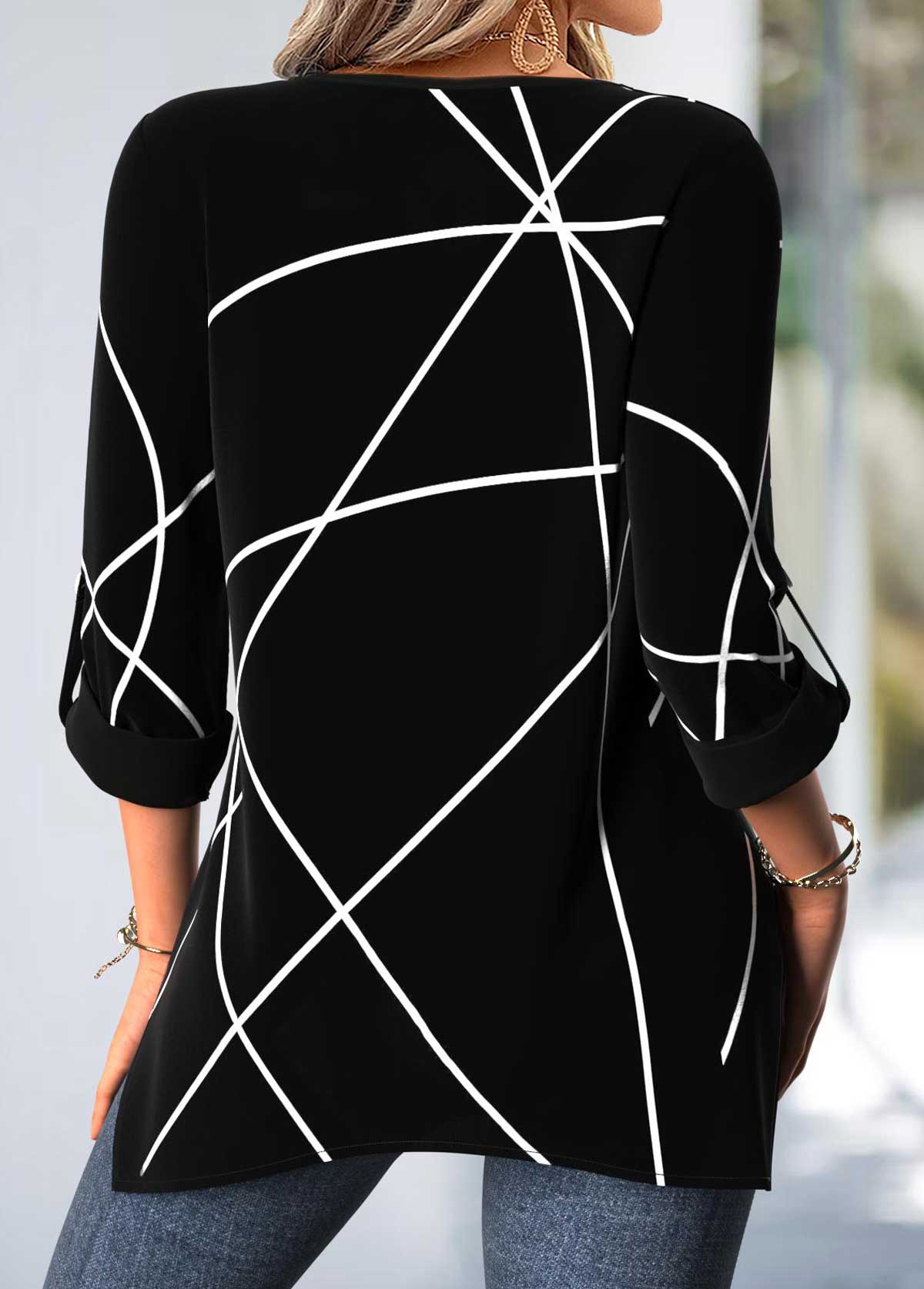 Black Tummy Coverage Geometric Print Long Sleeve Blouse | picture 