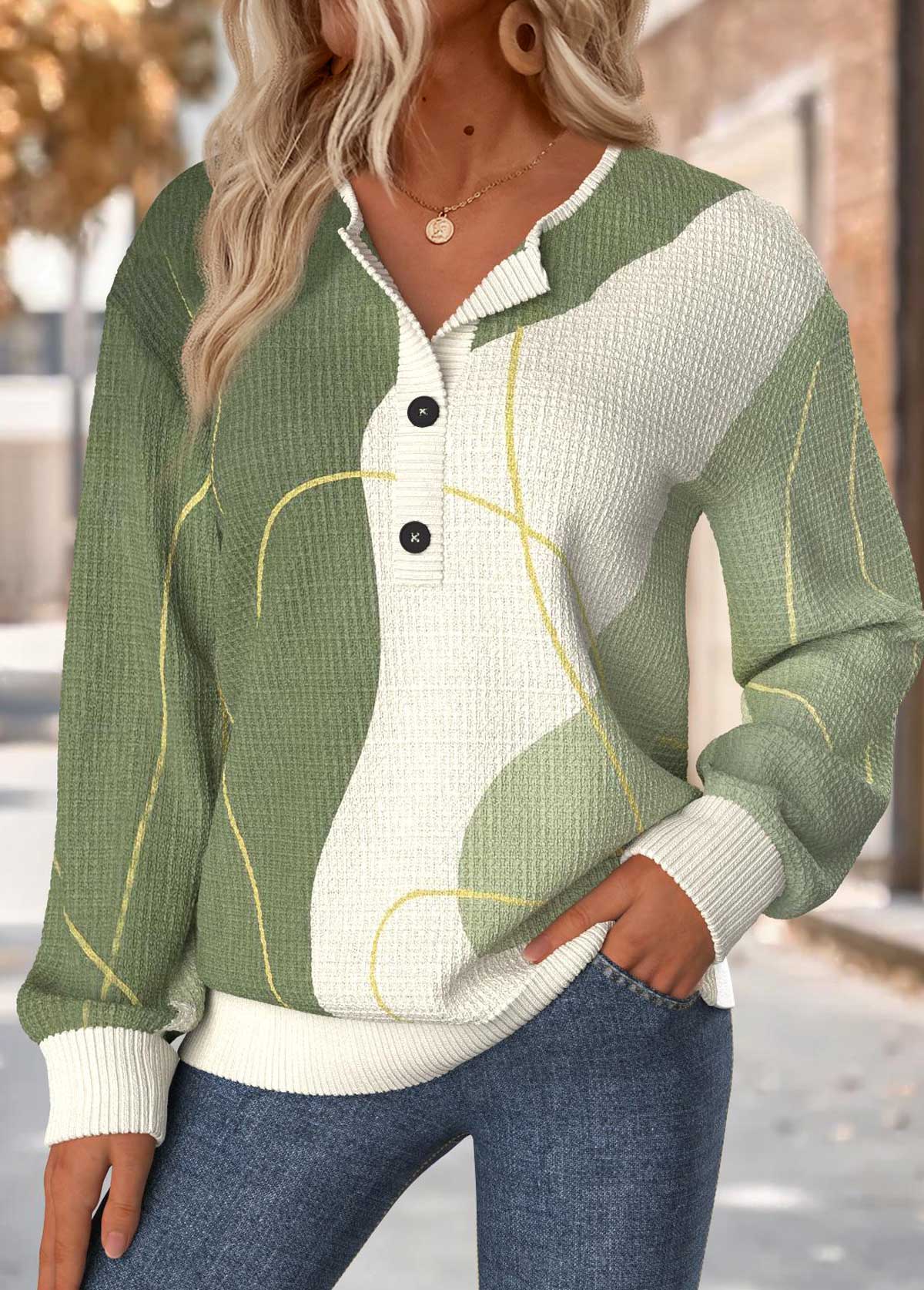 Sage Green Tummy Coverage Geometric Print Long Sleeve Sweatshirt | picture 