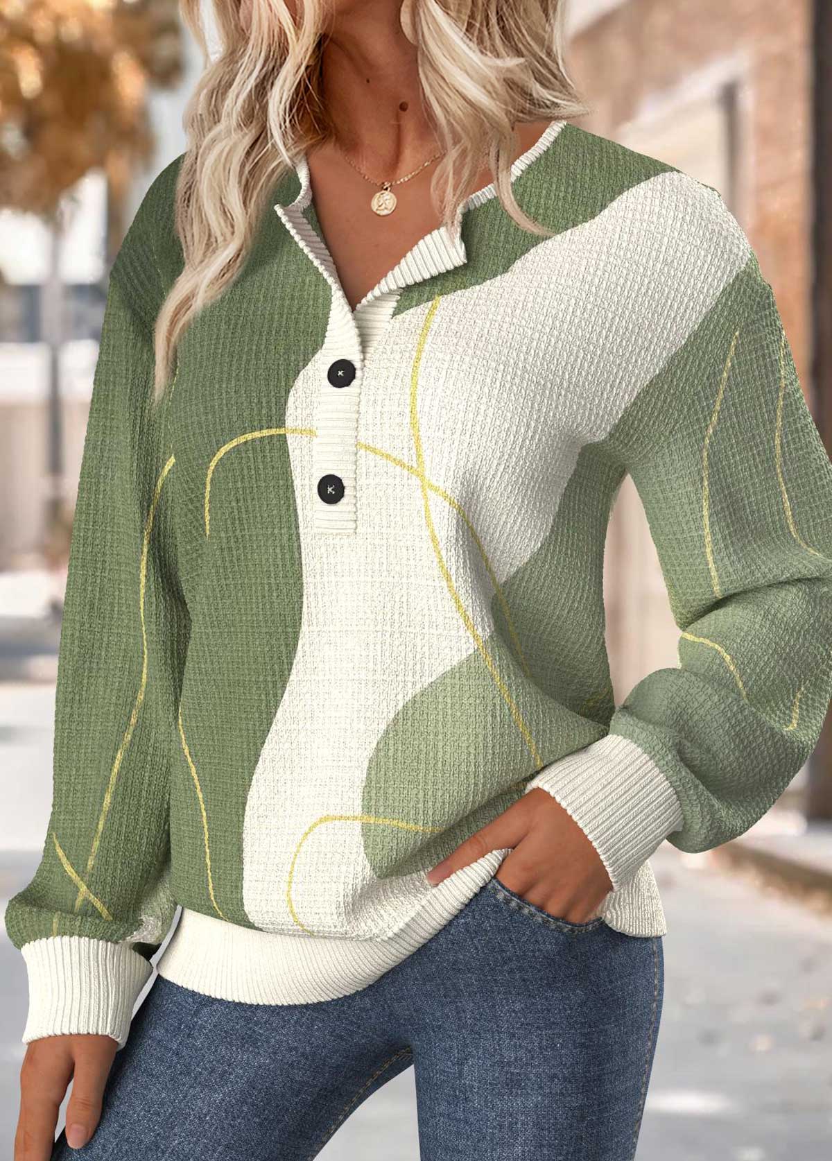 Sage Green Tummy Coverage Geometric Print Long Sleeve Sweatshirt | picture 