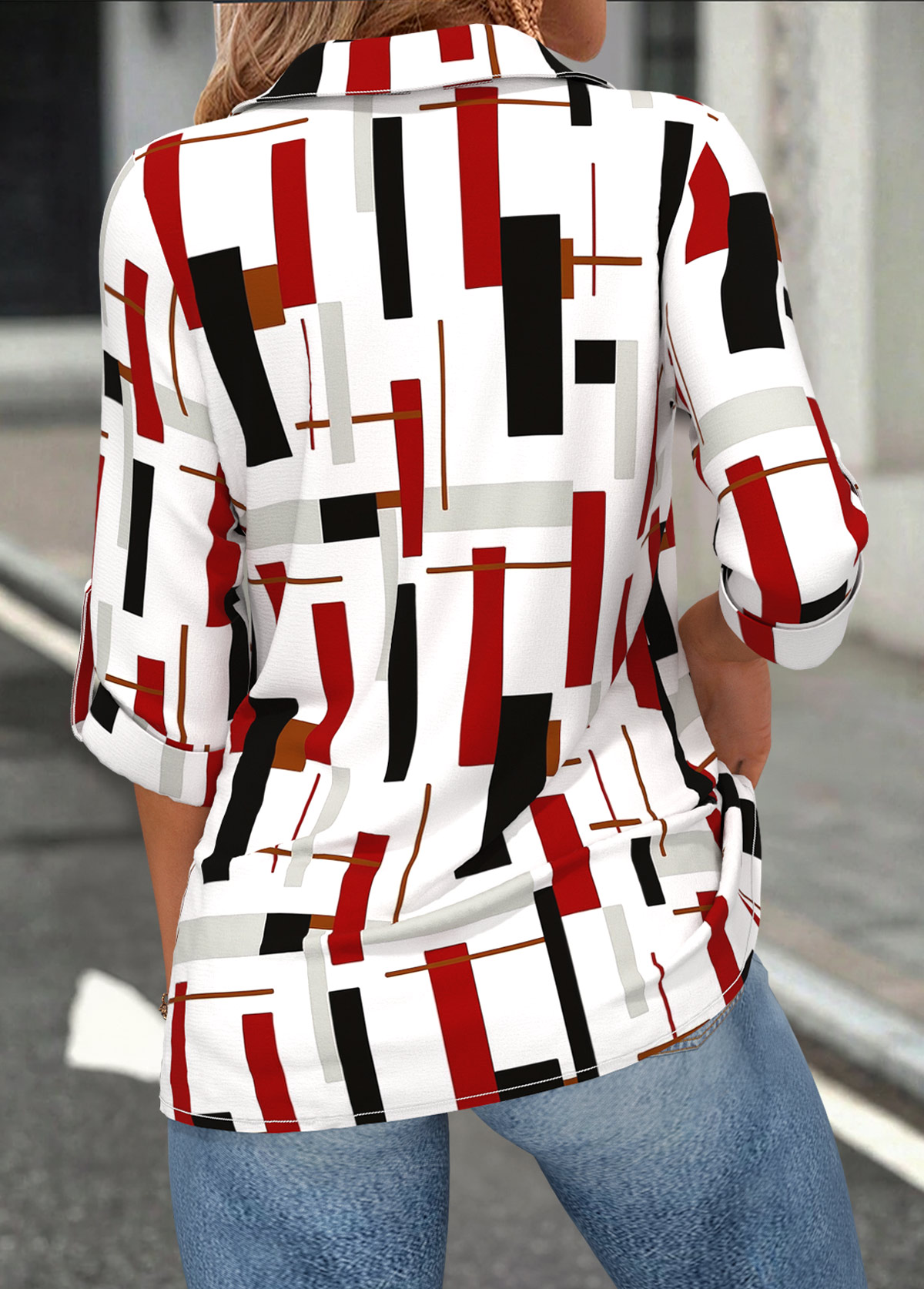 Red Tummy Coverage Geometric Print 3/4 Sleeve Shirt | picture 