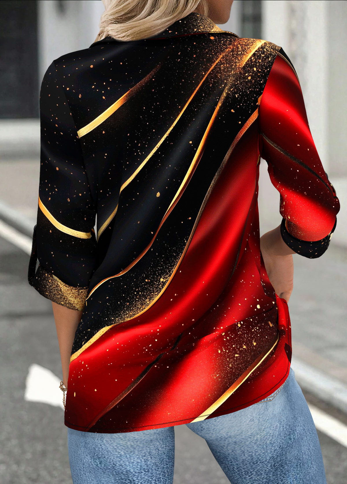 Black Tummy Coverage Dazzle Colorful Print 3/4 Sleeve Shirt | picture 