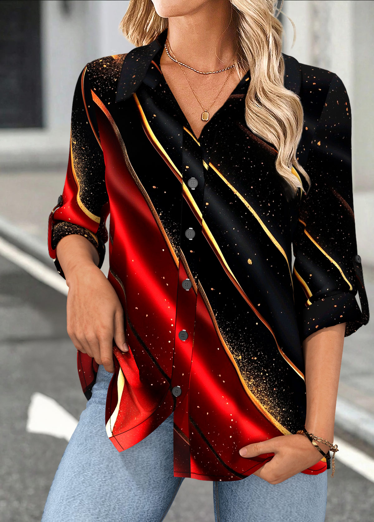 Black Tummy Coverage Dazzle Colorful Print 3/4 Sleeve Shirt | picture 