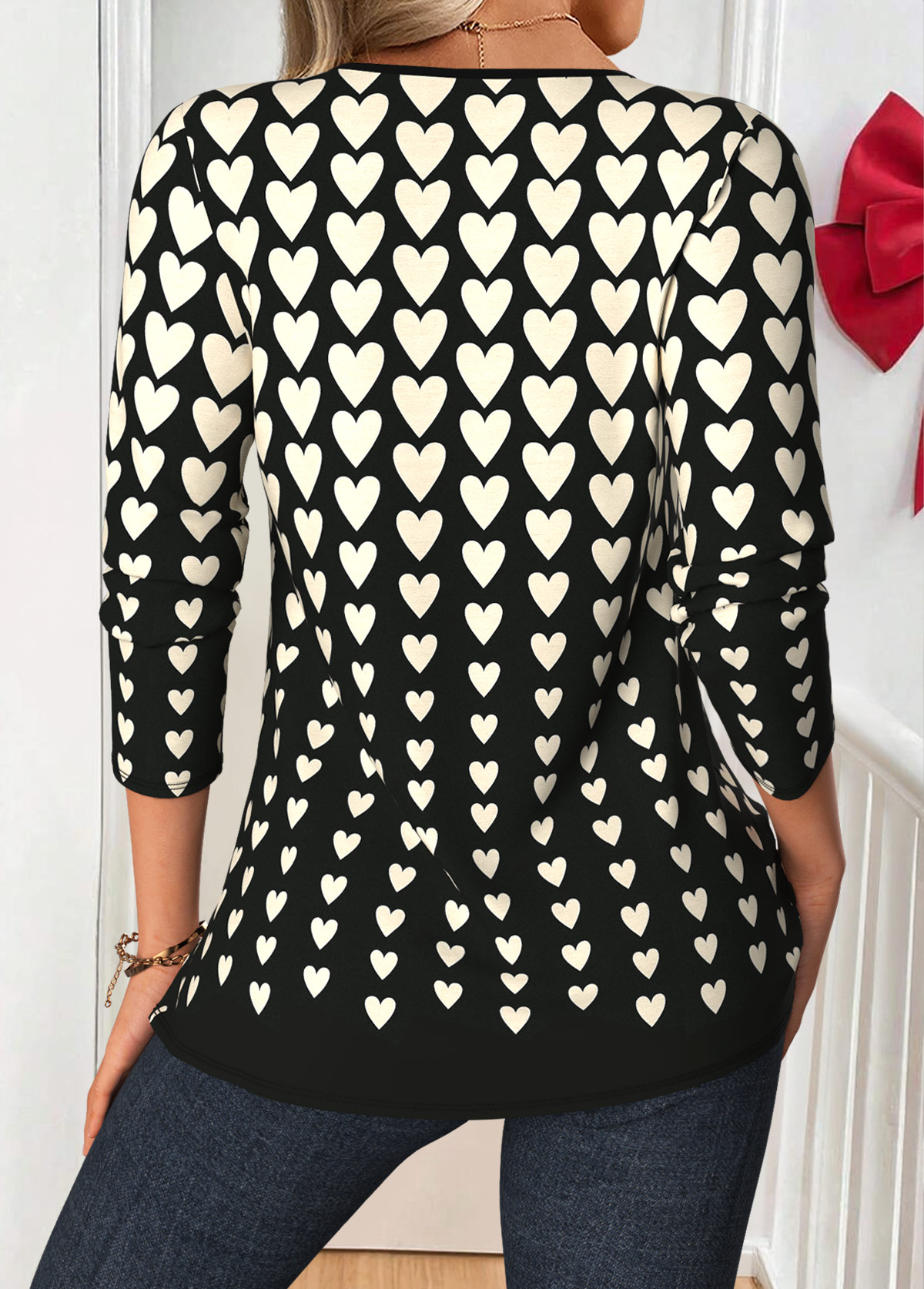 Black Tuck Stitch Ombre Long Sleeve Split Neck Blouse | picture 