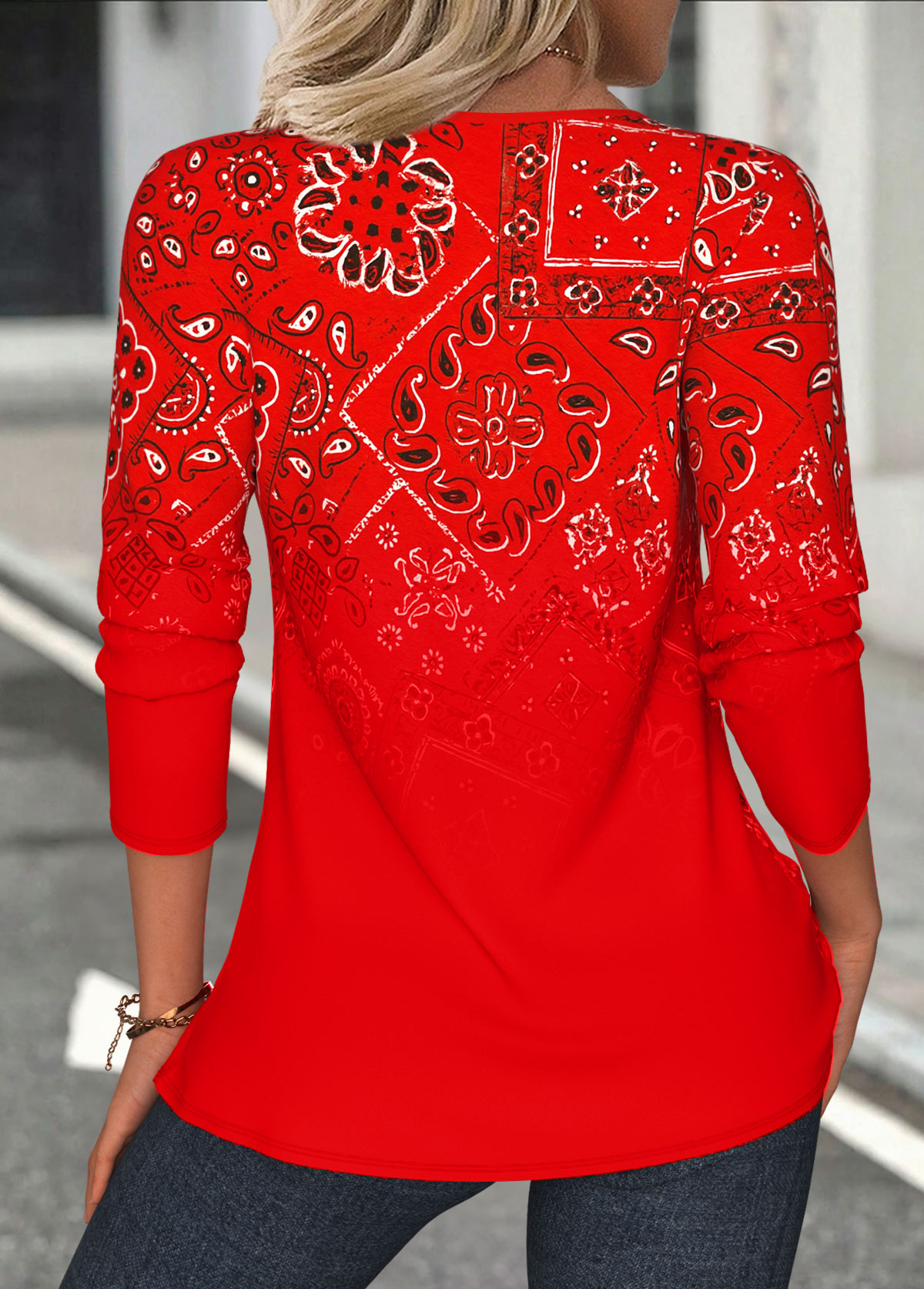 Red Tuck Stitch Tribal Print Long Sleeve Blouse | picture 