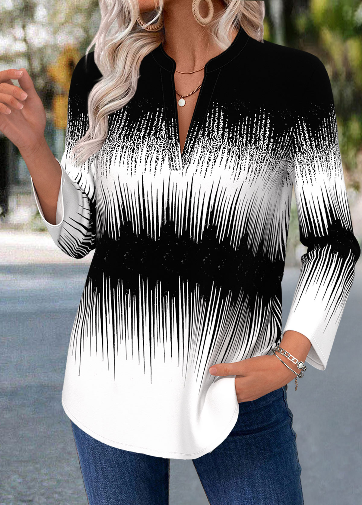 Black Curved Hem Ombre Long Sleeve Split Neck Blouse | picture 