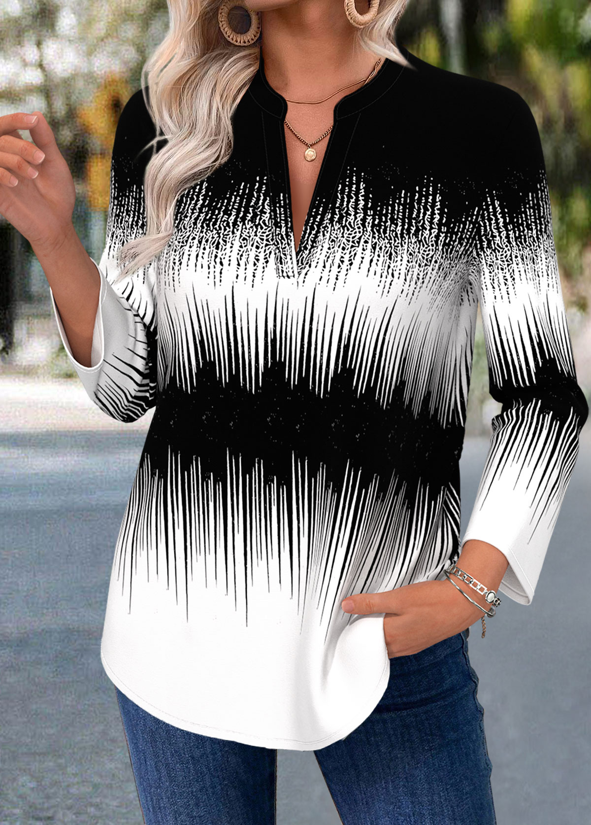 Black Curved Hem Ombre Long Sleeve Split Neck Blouse | picture 