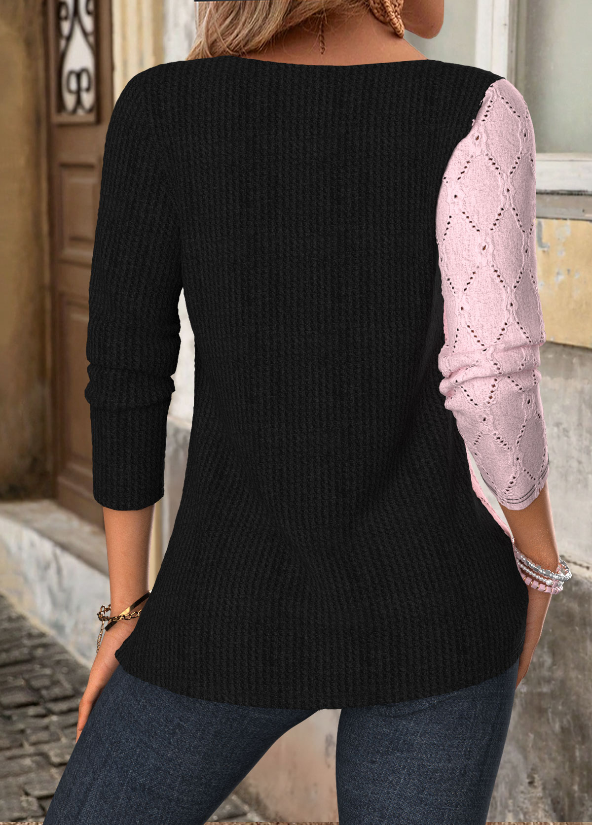 Black Patchwork Long Sleeve V Neck T Shirt | picture 