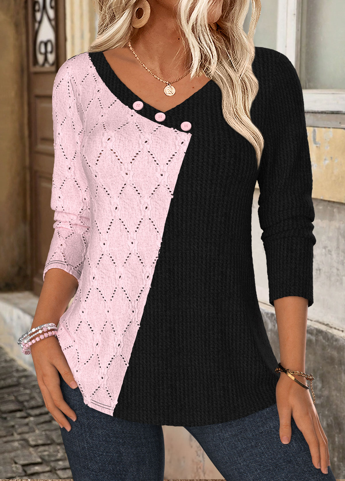 Black Patchwork Long Sleeve V Neck T Shirt | picture 