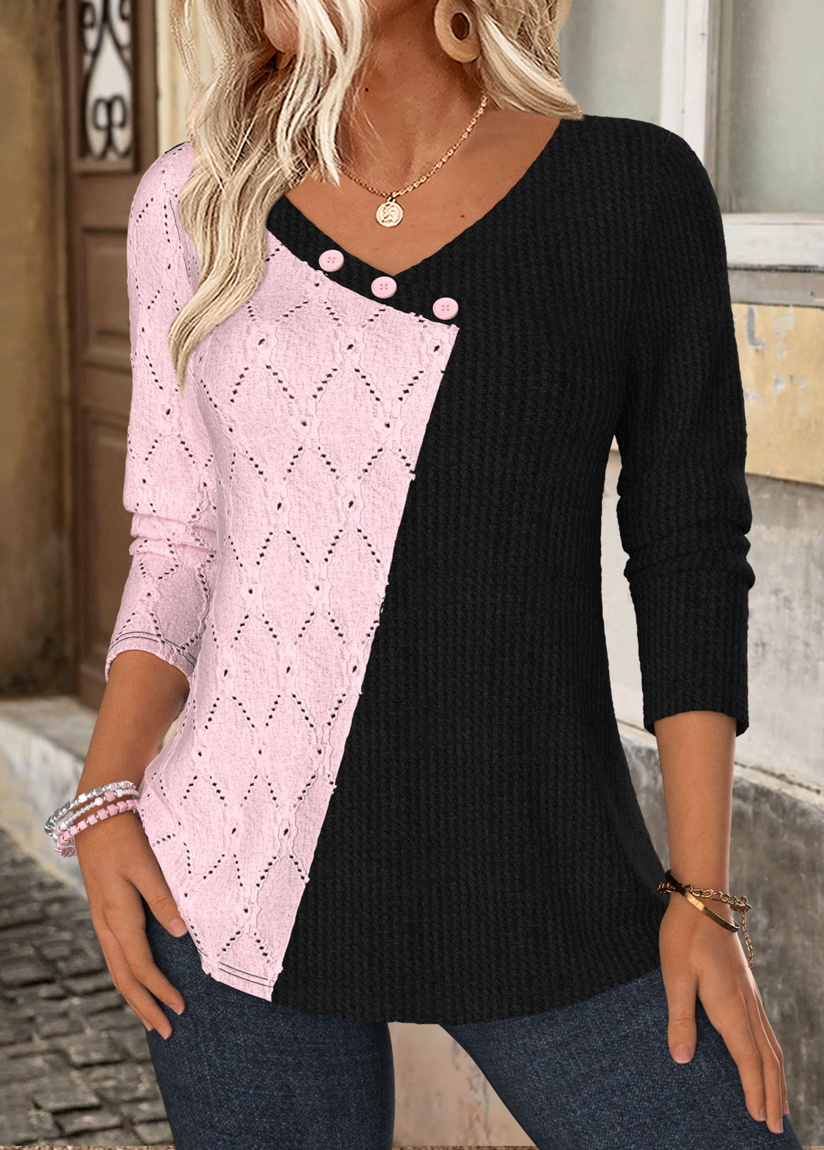 Black Patchwork Long Sleeve V Neck T Shirt | picture 