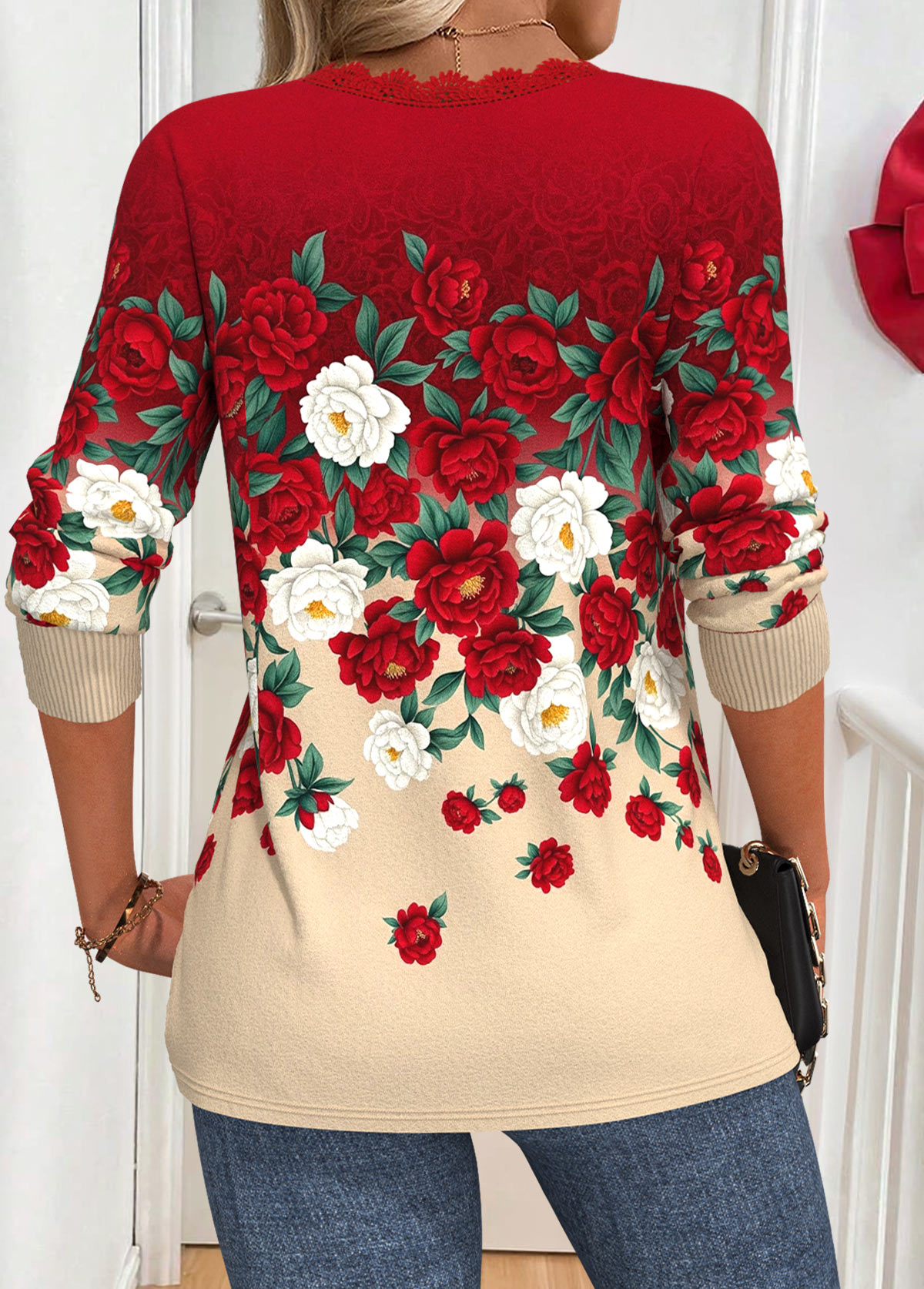 Red Patchwork Floral Print Long Sleeve T Shirt | picture 
